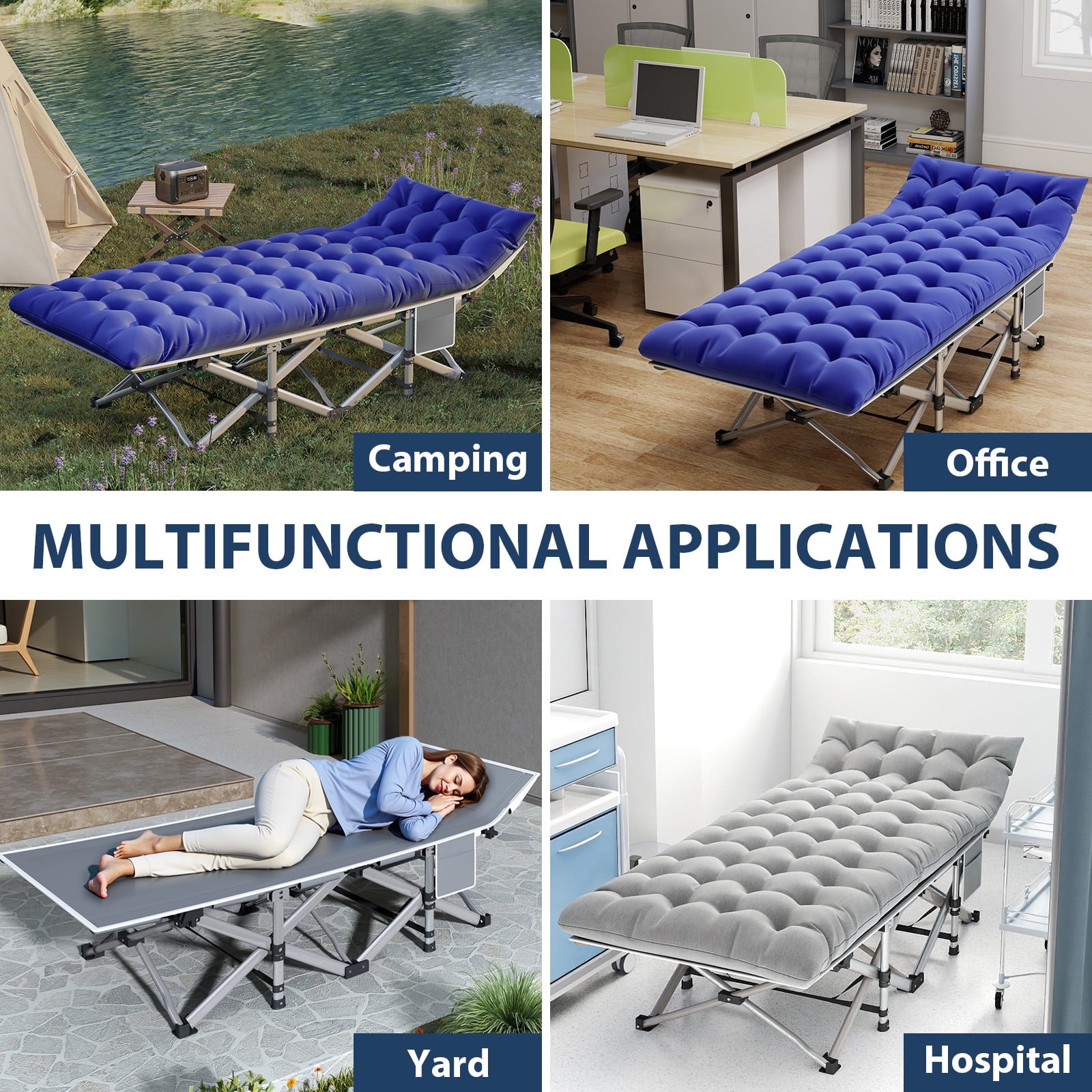 Fenbeli 2 Pack Camping Cot with Mattress Heavy Duty Folding Cot Bed for Adults, Blue and Gray