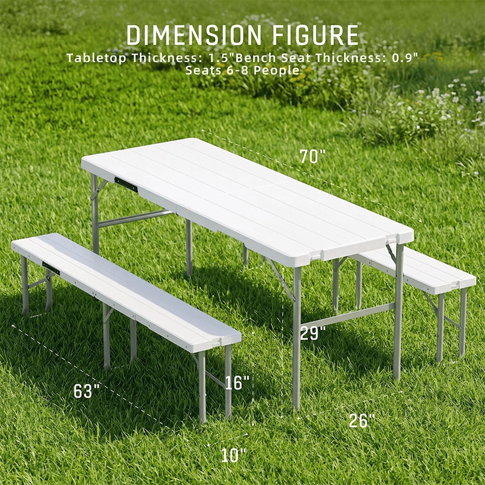 Fenbeli 6 FT Folding Picnic Table with 2 Benches, 660 lb Foldable Portable Picnic Set, 70 in Wood Grain HDPE Plastic Top, Steel Frame, Seats 4, Outdoor Camping Dining Table for Patio, Party, BBQ