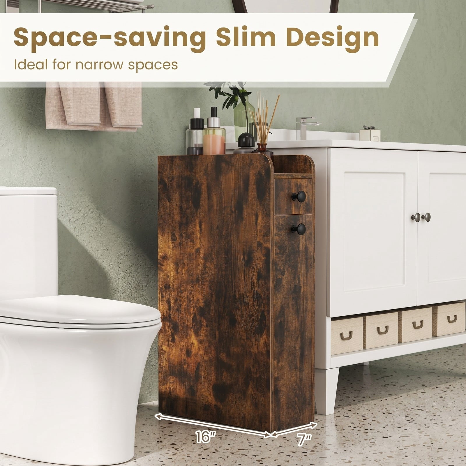 Fenbeli Small Bathroom Storage Cabinet, 4-Tier Narrow Slim Rolling Organizer with 3 Slide Out Drawers on Casters, Freestanding Storage Tower for Bathroom, Brown