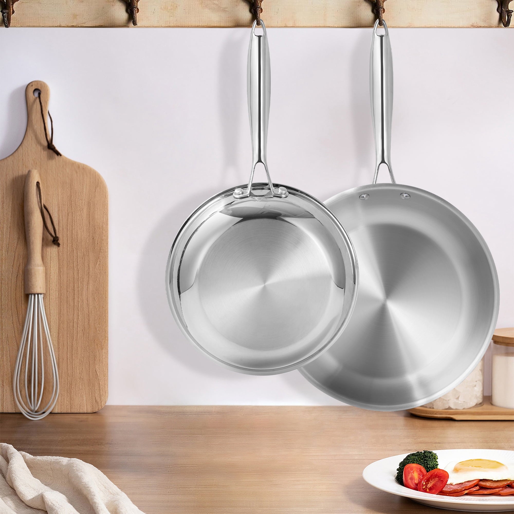 Fenbeli 2 Pcs 3 Ply Stainless Steel Fry Pans Nonstick with Premium Magnetic Stainless Exterior, Aluminum Core