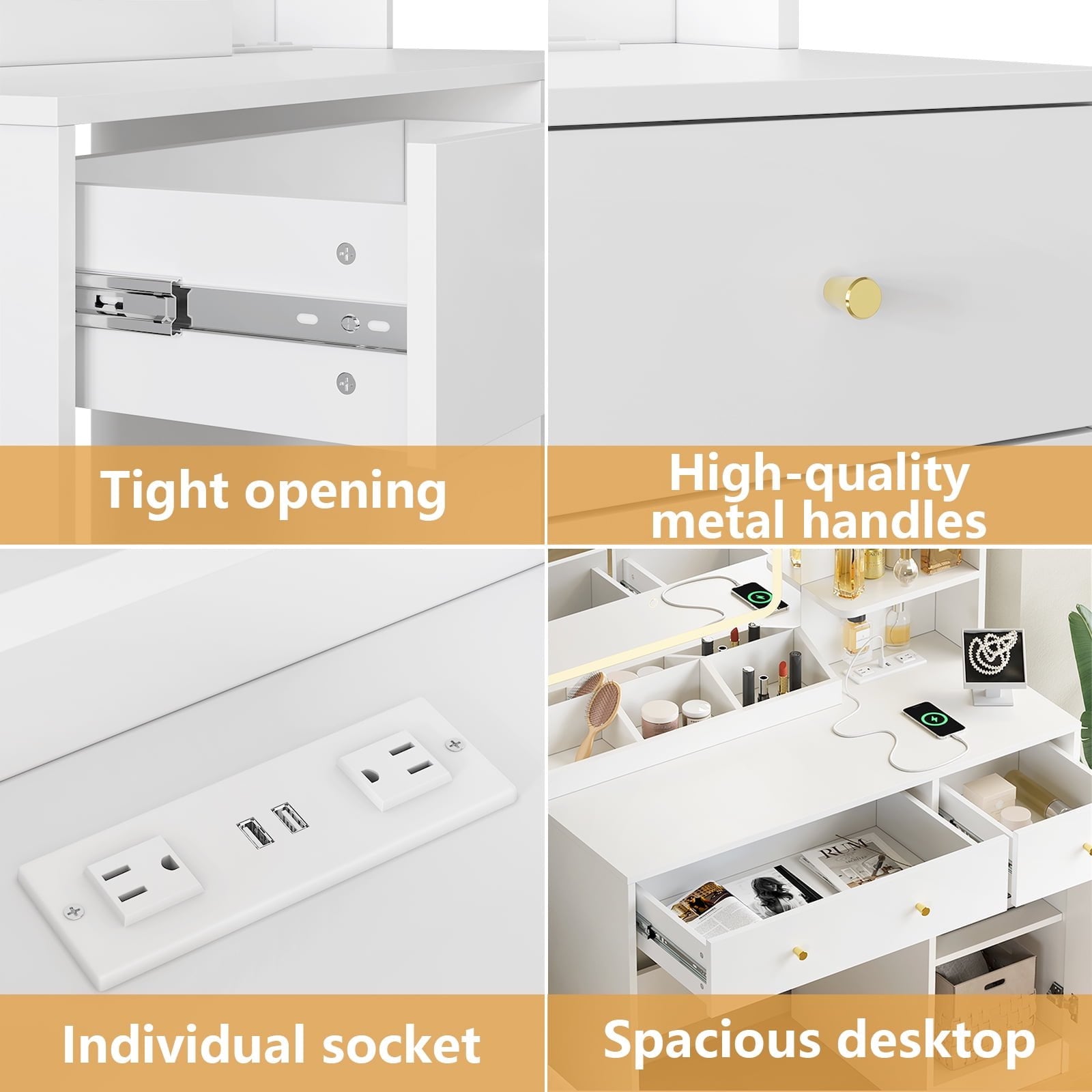 Fenbeli White Vanity Desk with Lighted Mirror, Makeup Table with Charging Station, Large Vanity Set with 3 Storage Compartments for Bedroom