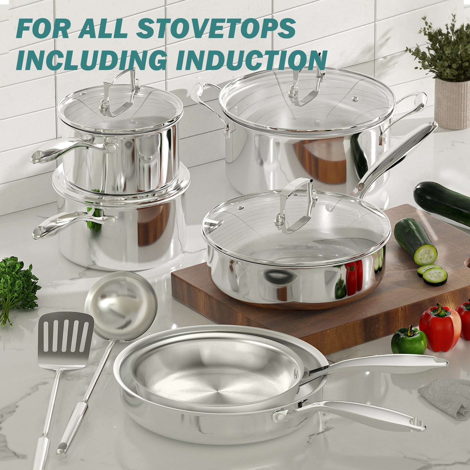 Fenbeli 3 Ply Stainless Steel Pots and Pans Set,12 Piece Induction Cookware Set,Oven Dishwasher Safe,Frying Pans, Saucepans,Saute Pan Stock Pot