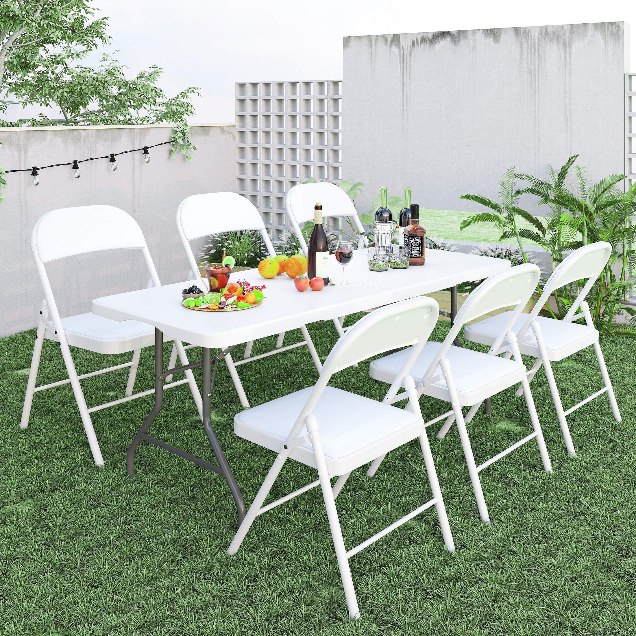 Furnibear Folding Table 6ft Portable Rectangular Indoor Outdoor Table, Fold in Half with Carry Handle, White