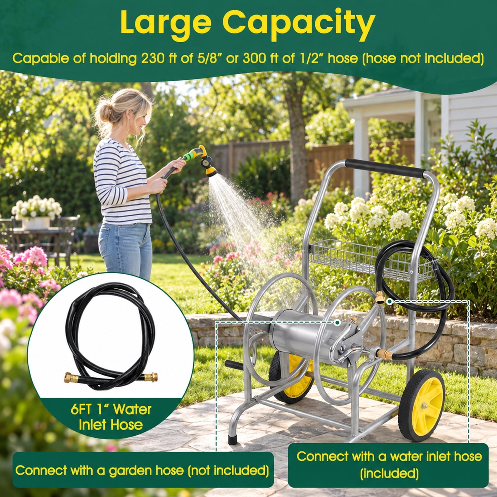 Fenbeli Garden Hose Reel Cart with 2 Wheels and Storage Basket, Metal Brass Galvanized Metal Frame, 23 x 22 x 35 Tire Footprint, Silver