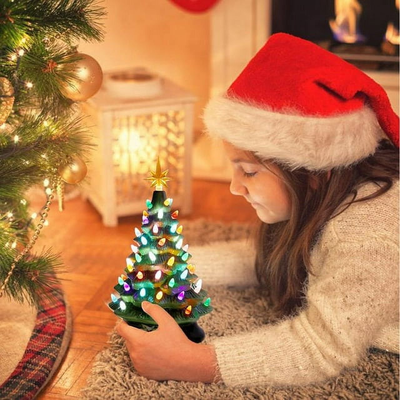 Fenbeli 15in Pre-Lit Hand-Painted Ceramic Tabletop Christmas Tree with 64 Lights - Green
