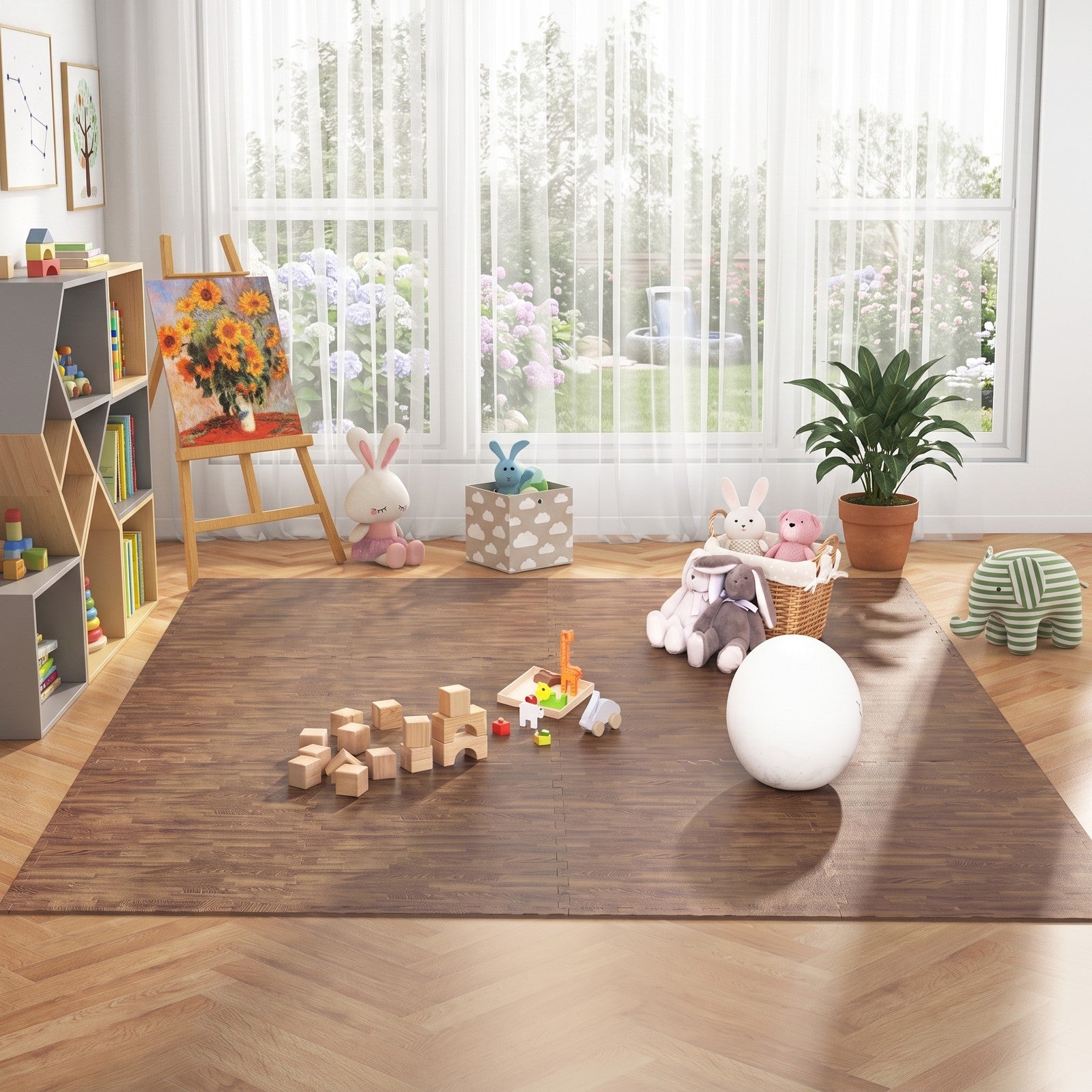 Fenbeli 25 Tiles Wood Grain Foam Floor Mats with Borders, Interlocking EVA Puzzle Play Mat Tiles Covers 100 sq ft for Living Room Bedroom Playroom Gym Exercise, Brown