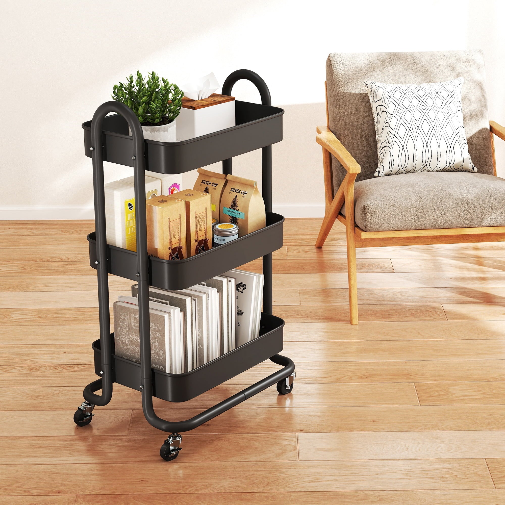 Fenbeli 3-Tier Metal Rolling Utility Cart with Wheels, black, 18L x 13.4W x 31H