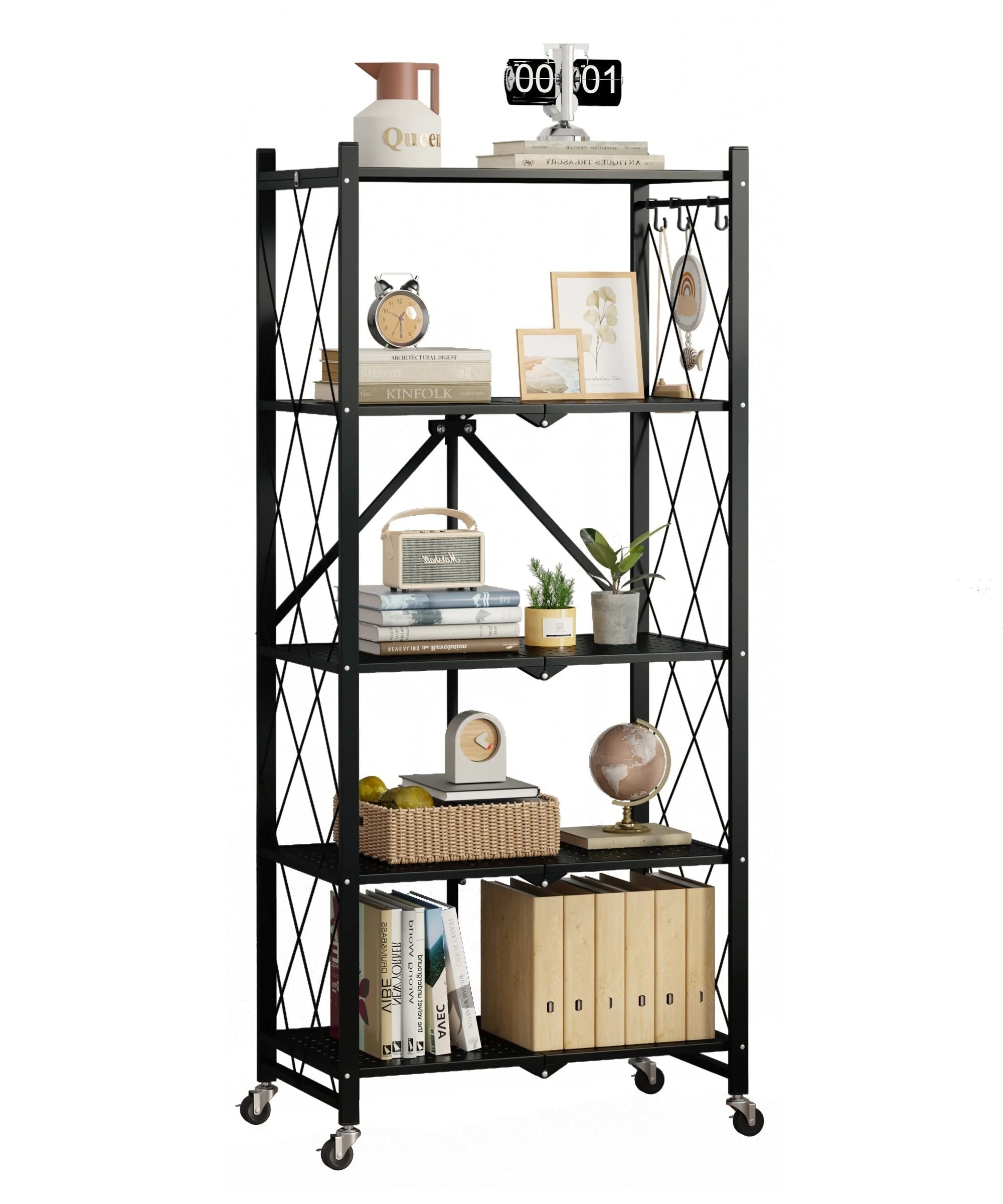 Fenbeli Foldable 5-Tier Storage Shelf with Wheels Metal Rack Collapsible Shelving Unit Display, Rolling Cartfor Garage, Pantry, Office ,Black