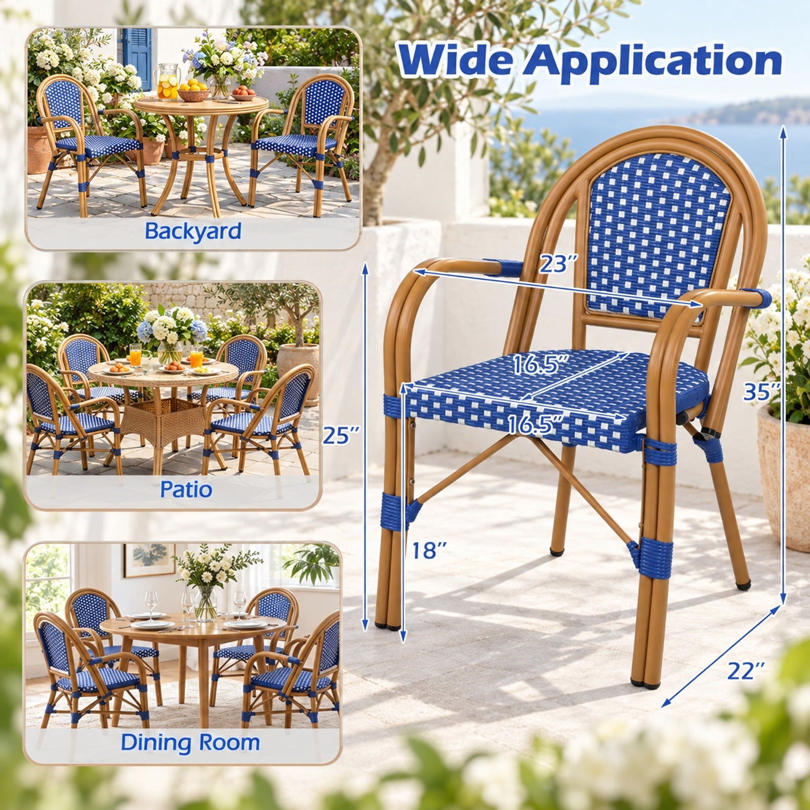 Fenbeli Hand-Woven PE Wicker Outdoor French Bistro Chairs Set of 2, Chair 400 lbs Capacity, PE Rattan Galvanized Metal Frame, Blue