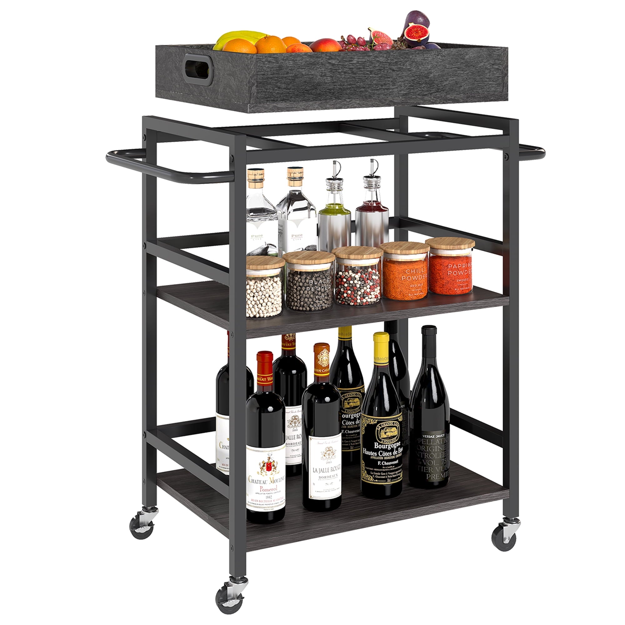 Fenbeli 3-Tier Rolling Kitchen Cart with Removable Wooden Storage Box and Wheels, Gray, 21.9L x 15.8W x 36.2H