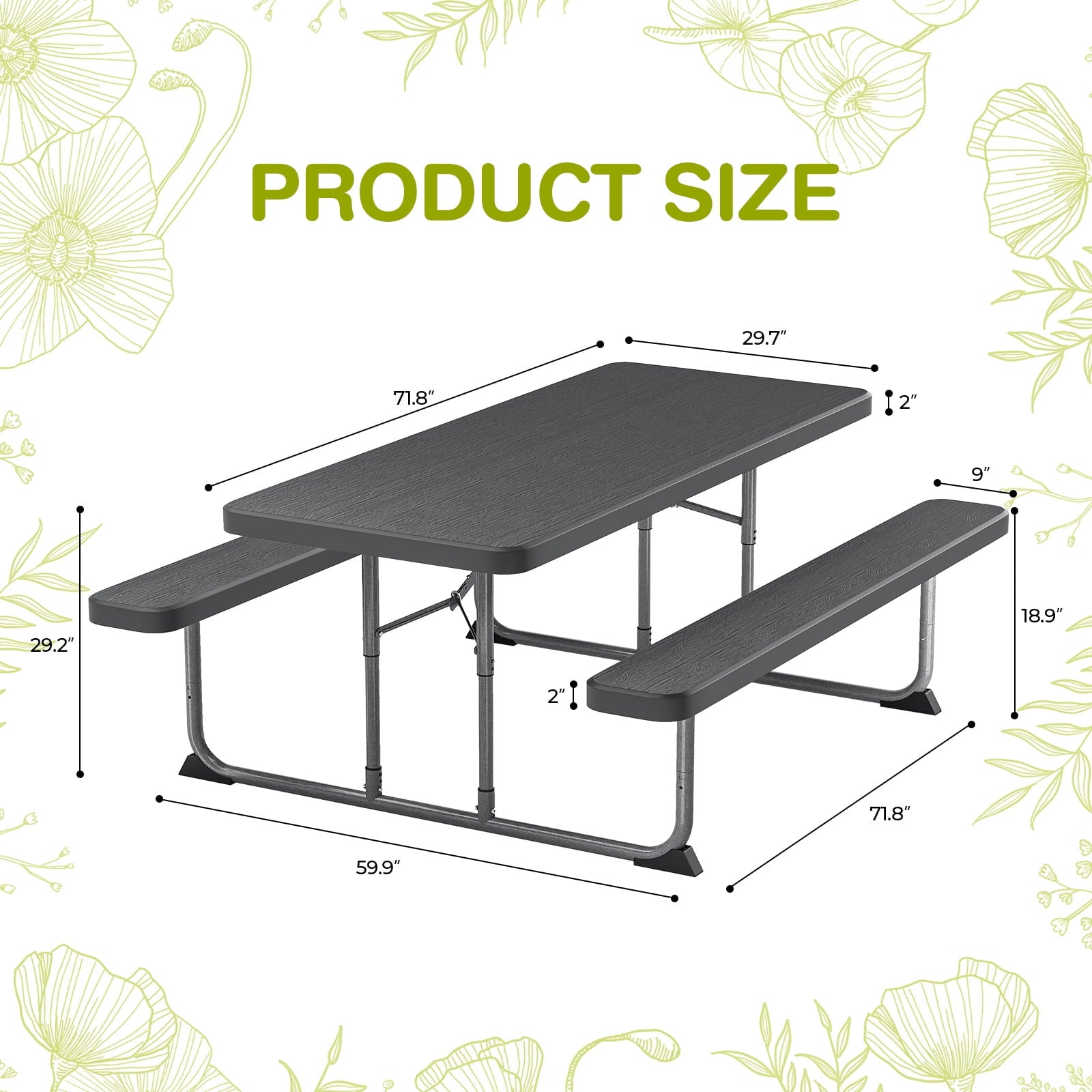 Fenbeli 6ft Outdoor Picnic Table with Benches Folding Picnic Table Set for Camping, BBQ, and Patio Use, Black