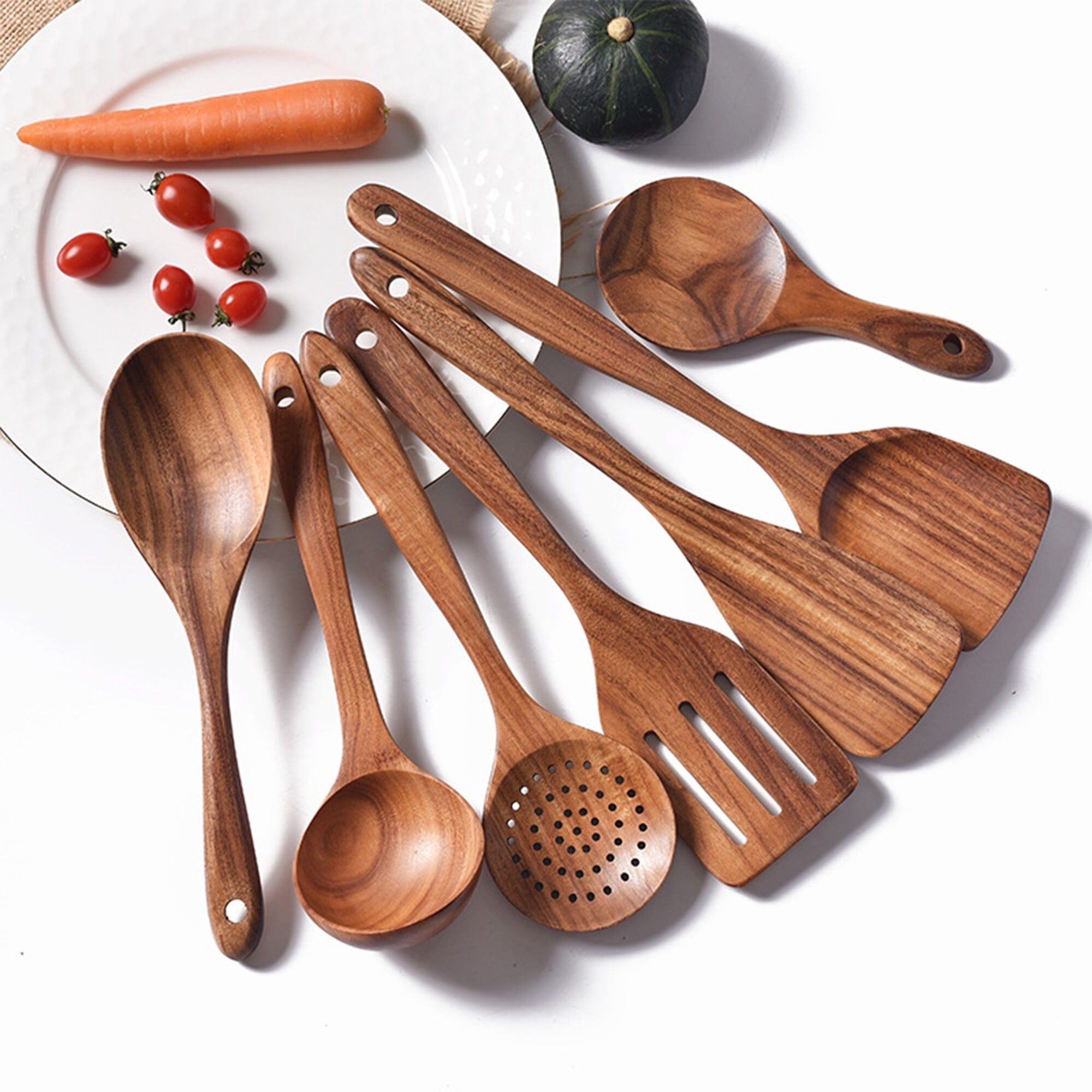 Fenbeli 13 Pcs Wooden Spoons for Cooking, Wooden Kitchen Utensil Set made of Natural Solid Wood Material with Holder, Spoon Rest and 5 Hooks