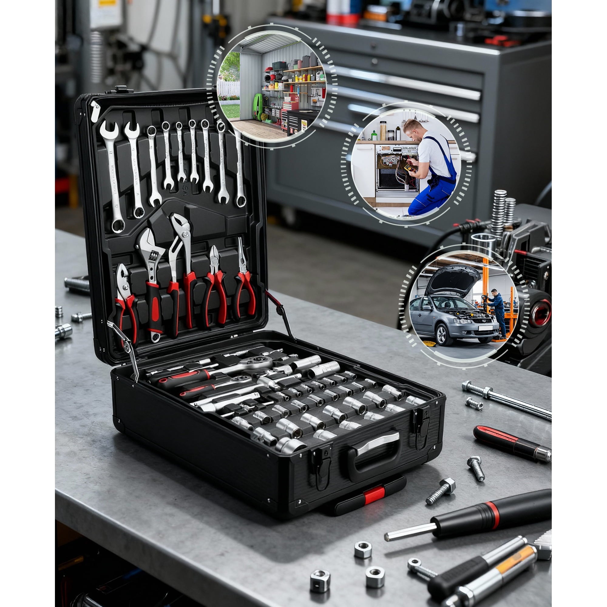 Fenbeli 399 Piece Tool Set, Professional Chrome Vanadium Steel Tool Kit with Aluminum Trolley Case and Wheels, Home Auto Repair Mechanic Tool Box, Black