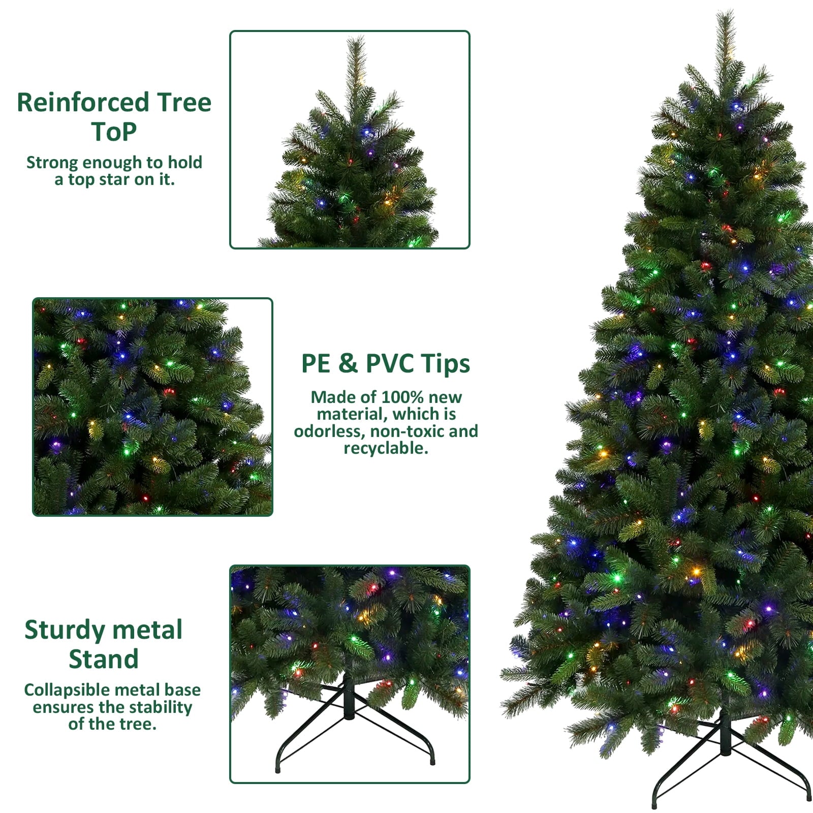 7ft Pre-Lit Artificial Christmas Tree, Hinged Xmas Tree with 400 Multi-Color LED Lights, 1350 PVC and PE Branch Tips, for Holiday Party Office Home Decor