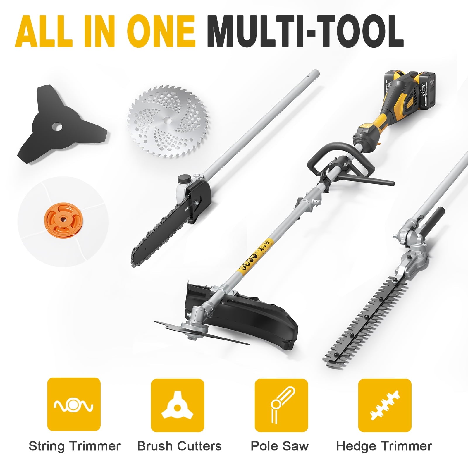 Fenbeli 4 in 1 Cordless Yard Tool Combo, String Trimmer, Brush Cutter, Pole Saw and Hedge Trimmer Kit, 40V Max Lithium Battery Powered with 2 Batteries and Charger