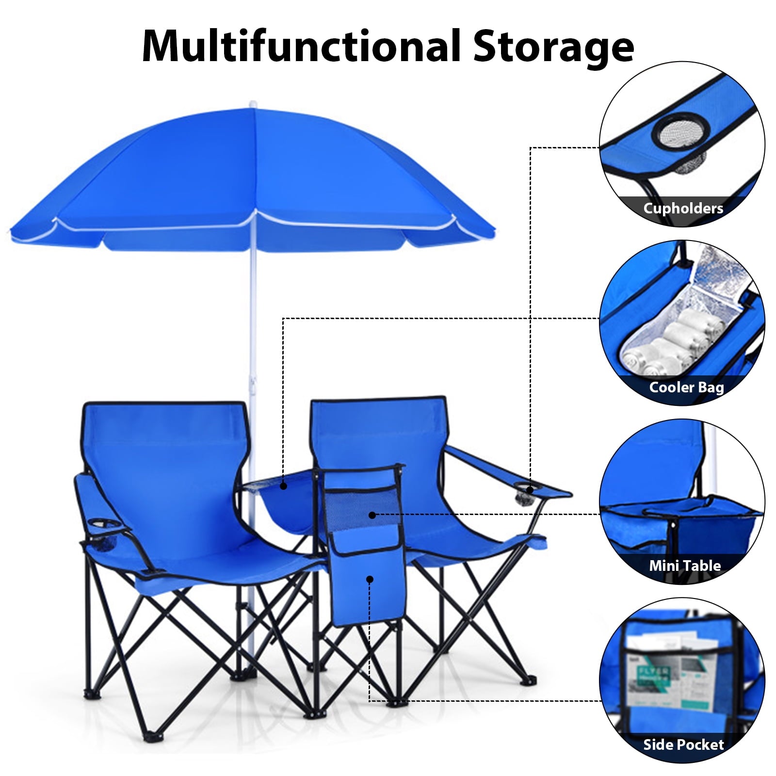 Fenbeli Portable Folding Picnic Double Chair With Removable Umbrella, Blue