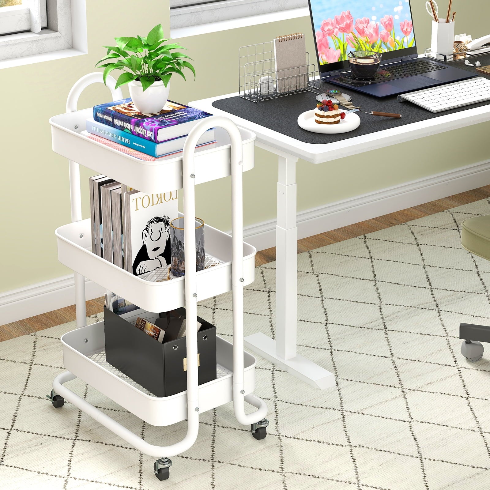 Fenbeli 3-Tier Metal Rolling Utility Cart with Wheels, White, 18L x 13.4W x 31H