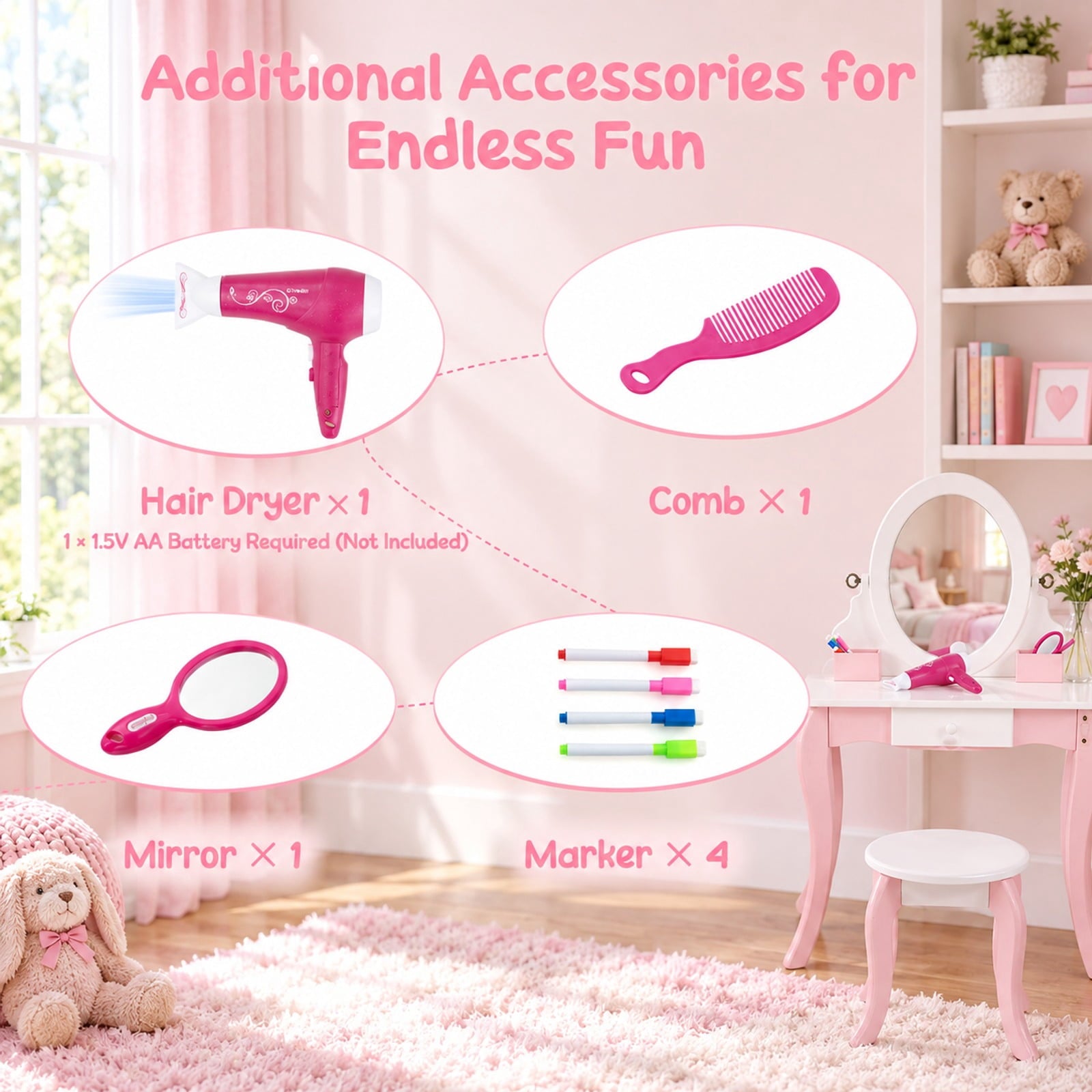 Fenbeli Pretend Kids Vanity Set with 360° Rotatable Mirror and Play Accessories, 66 lbs Capacity, MDF Acrylic Frame, 24 x 13.5 x 40 Footprint