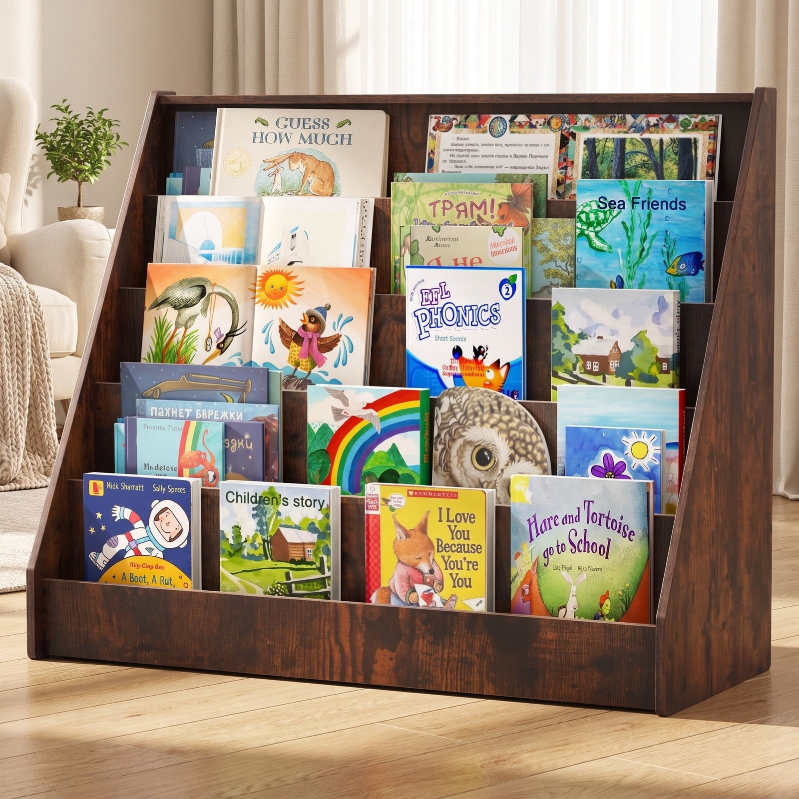 Fenbeli 5-Tier Kids Bookshelf with Deep Compartments and Stable Baby Book Case, Engineered Wood Frame, for 3+, 36 x 15 x 30 Footprint, Brown