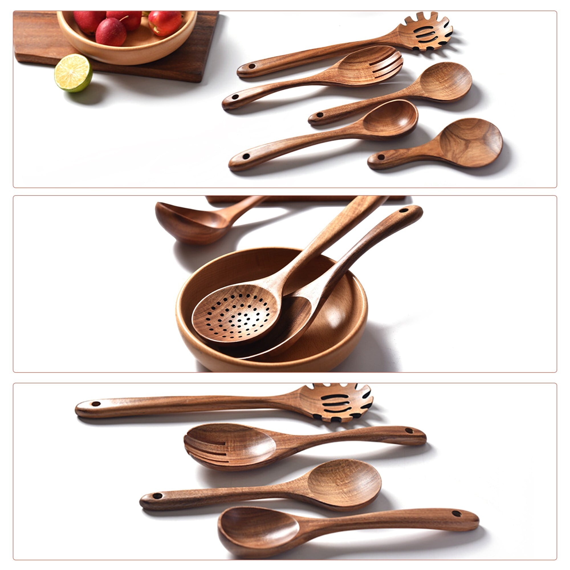 Fenbeli 13 Pcs Wooden Spoons for Cooking, Wooden Kitchen Utensil Set made of Natural Solid Wood Material with Holder, Spoon Rest and 5 Hooks