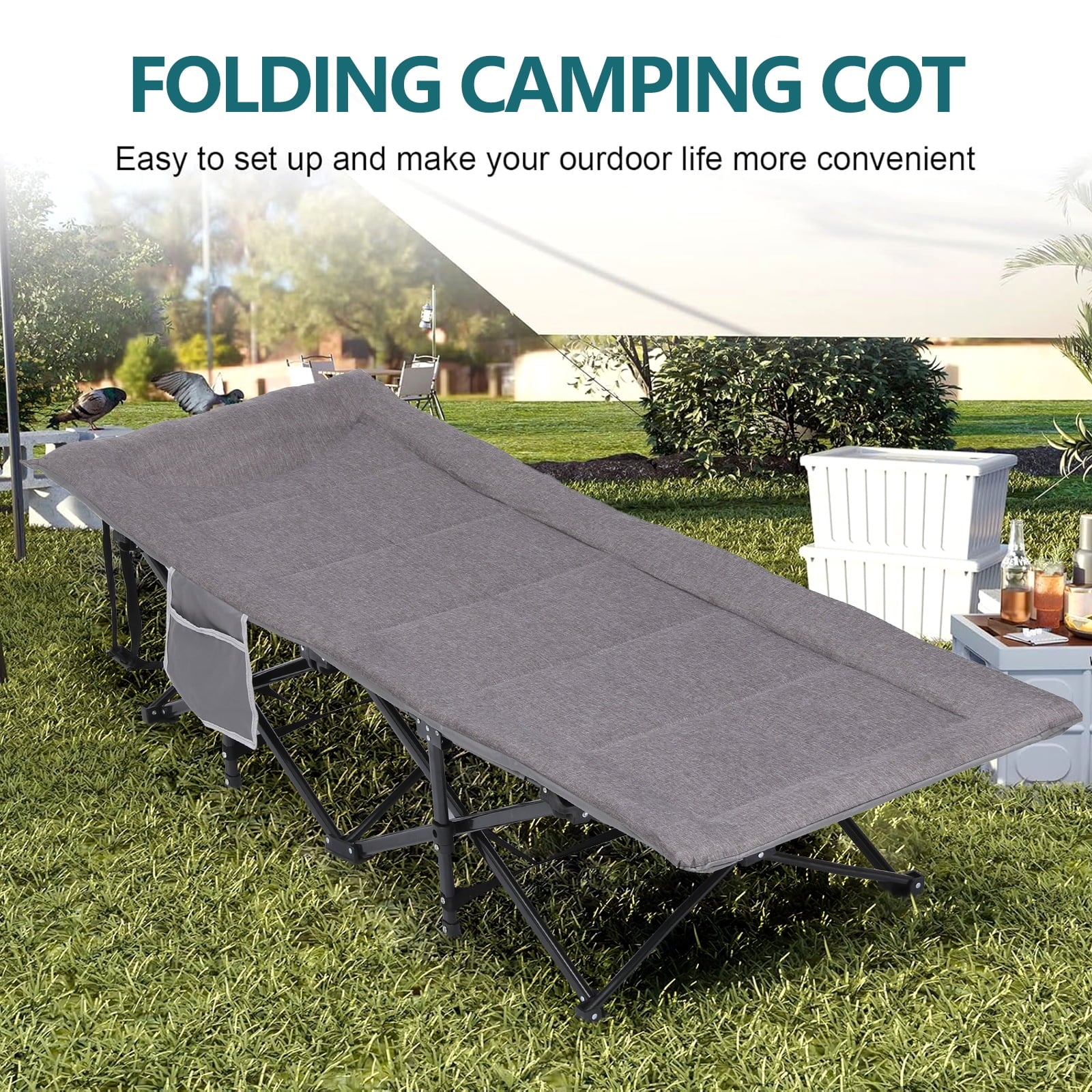 Folding Camping Cot W/Mat for Adults, Heavy Duty Outdoor Bed with Carry Bag, Travel Camp Cots