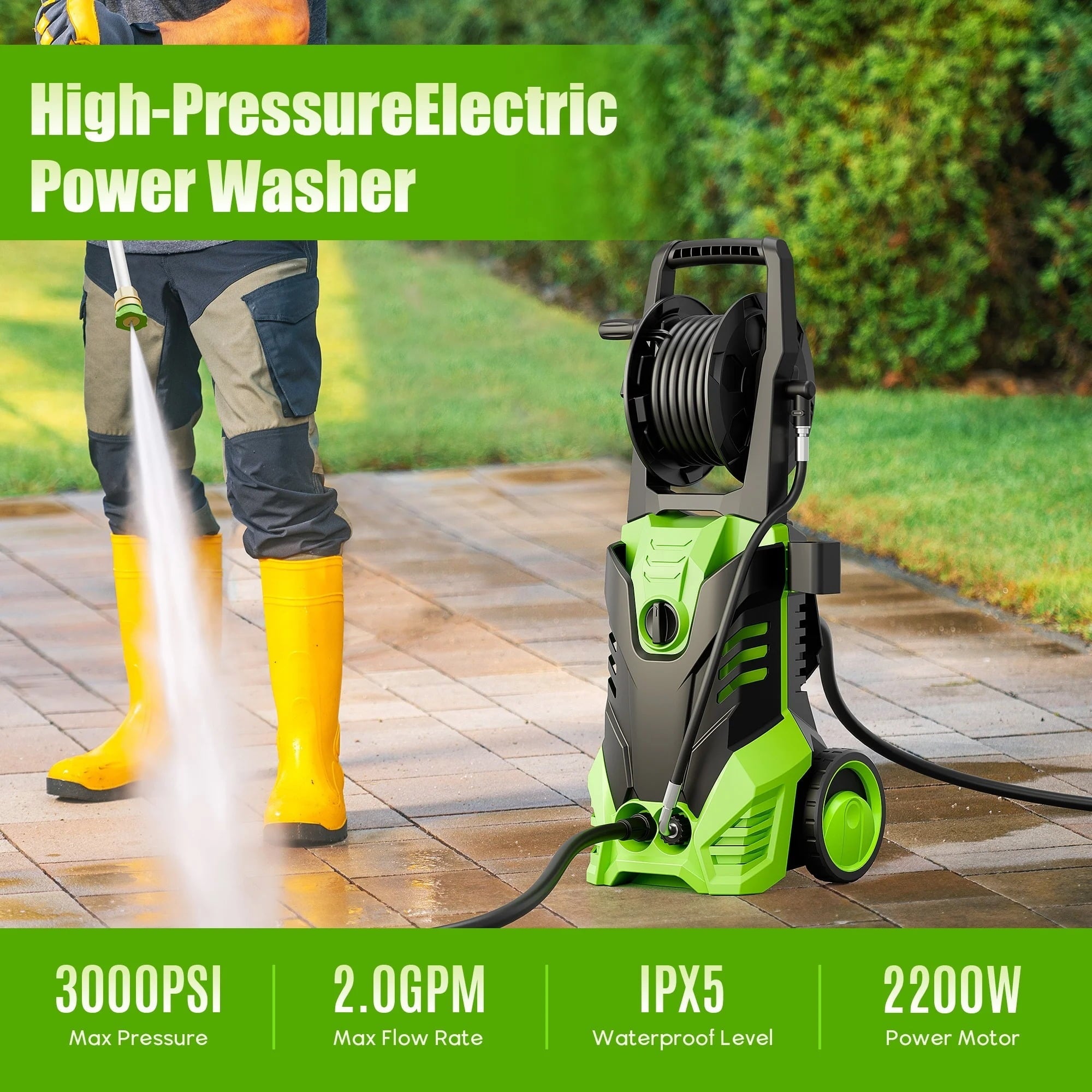 Electric Pressure Washer, 3800PSI 2.6 GPM Power Washer Machine with Hose Reel,4 Quick Connect Nozzles, Foam Cannon, for Cars, Patios, and Floor Cleaning,Green