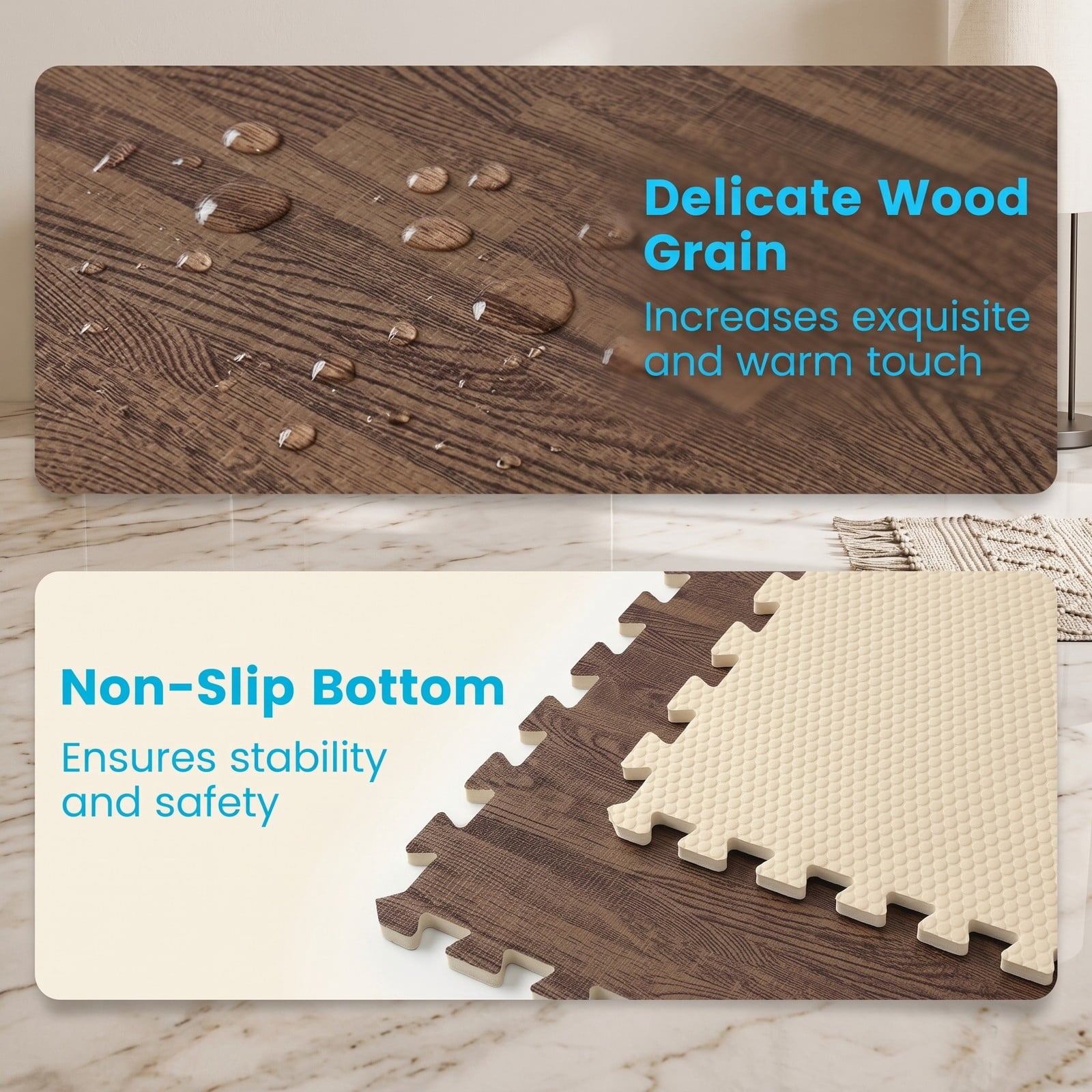 Fenbeli 25 Tiles Wood Grain Foam Floor Mats with Borders, Interlocking EVA Puzzle Play Mat Tiles Covers 100 sq ft for Living Room Bedroom Playroom Gym Exercise, Brown