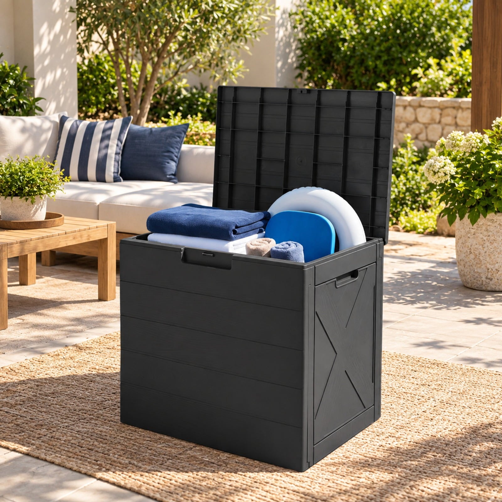 Fenbeli 25 Gallon Storage Bin with Lid Carry Handles and Lock Hole for Patio Furniture Accessories, 110 lbs Capacity, PP Frame, Black