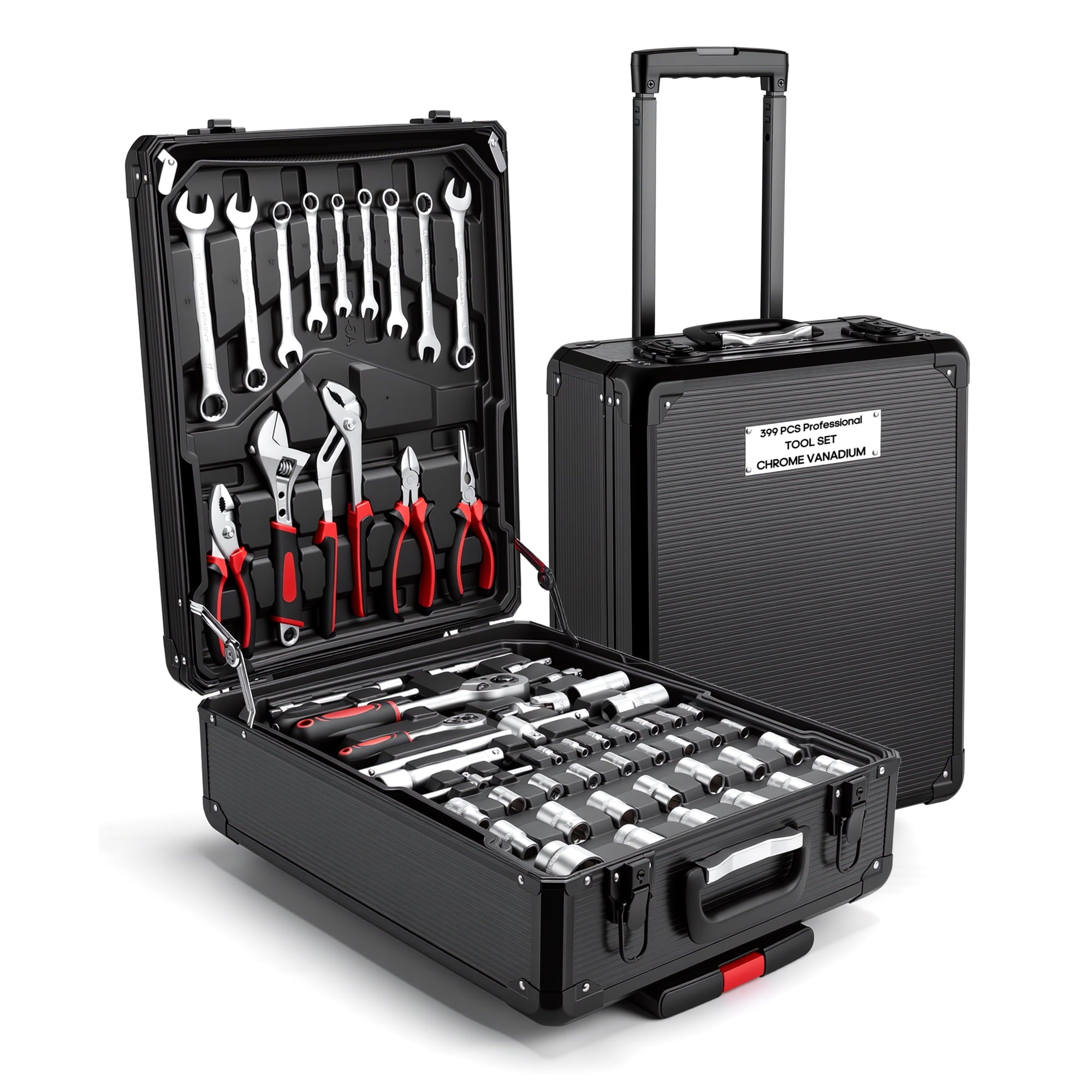 Fenbeli 399 Piece Tool Set, Professional Chrome Vanadium Steel Tool Kit with Aluminum Trolley Case and Wheels, Home Auto Repair Mechanic Tool Box, Black
