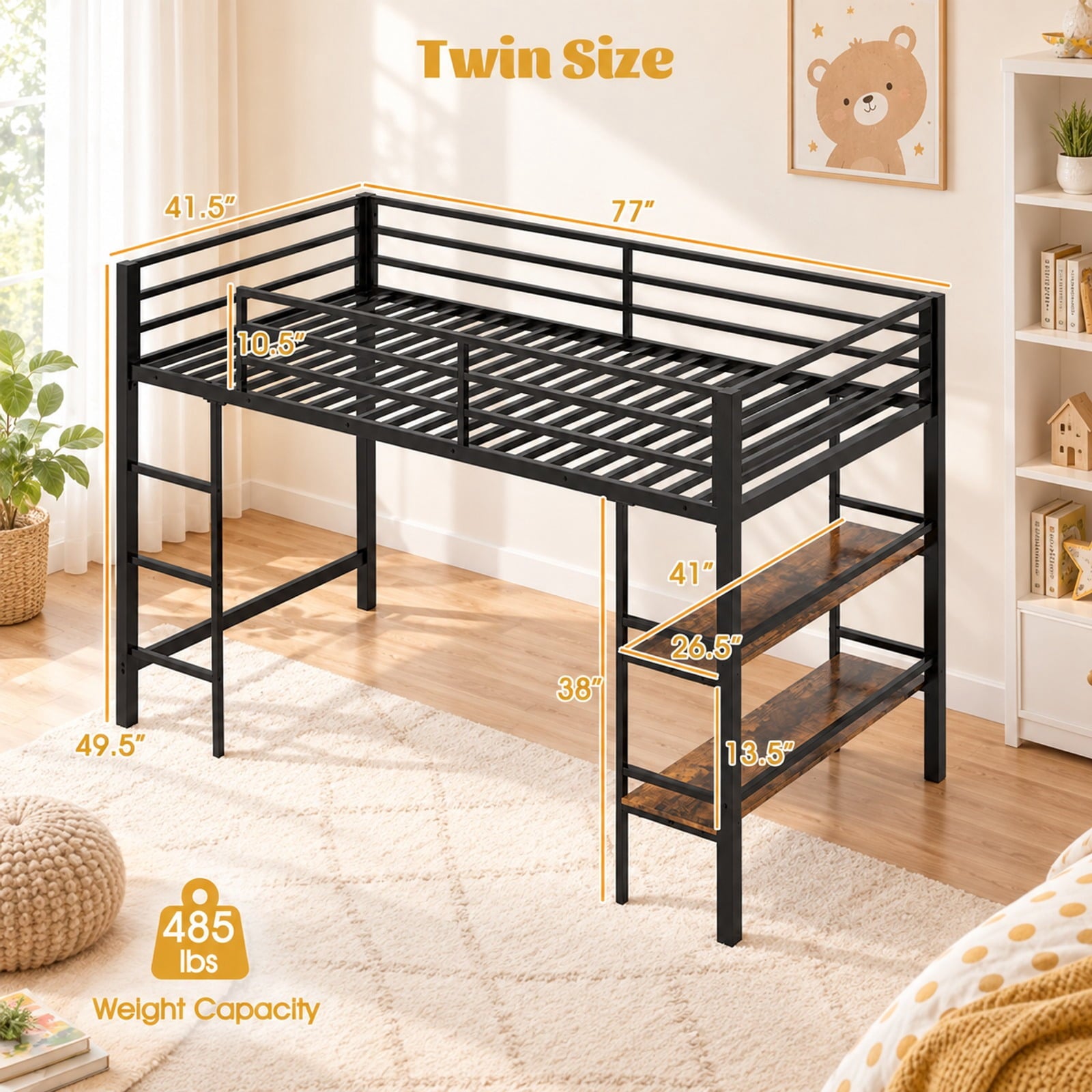 Fenbeli Twin Size Low Loft Bed with Ladder and Storage Shelves Metal Frame for Boys Girls, 485 lbs Capacity, Metal Engineered Wood Frame, Black