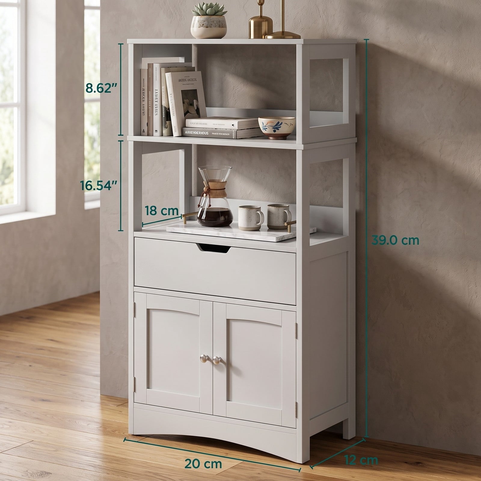 Fenbeli Bathroom Storage Cabinet, Freestanding Floor Cabinet with 3 Open Shelves, Pull-Out Drawer and 2 Doors, Anti-Toppling Wooden Organizer for Bathroom Kitchen, Gray