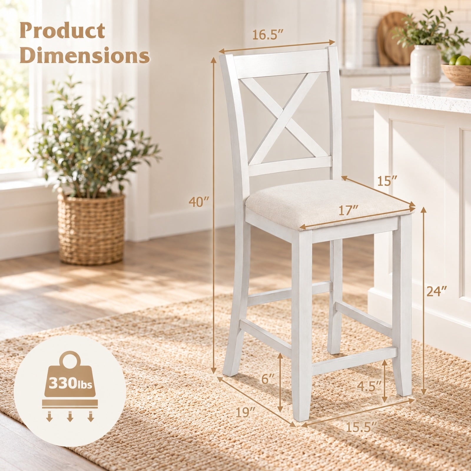 Fenbeli Modern Farmhouse Counter Height Stools with Footrest and Cushion, 330 lbs Capacity, Rubber MDF Linen Sponge Frame, White