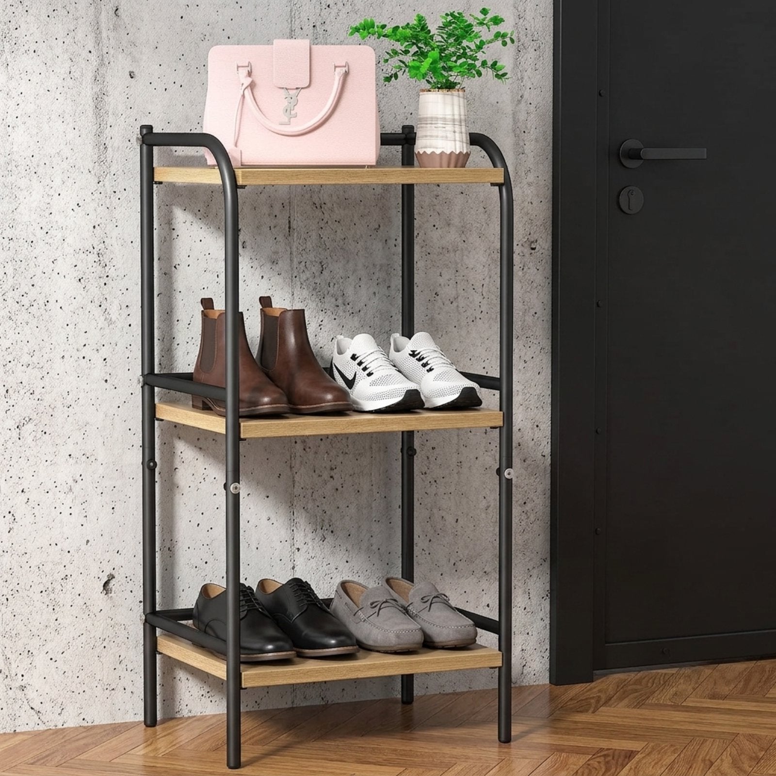 Furnibear 3-Tier Rustic Wood & Metal Bookshelf, Small Office Shelf & Storage Rack for Living Room, Kitchen