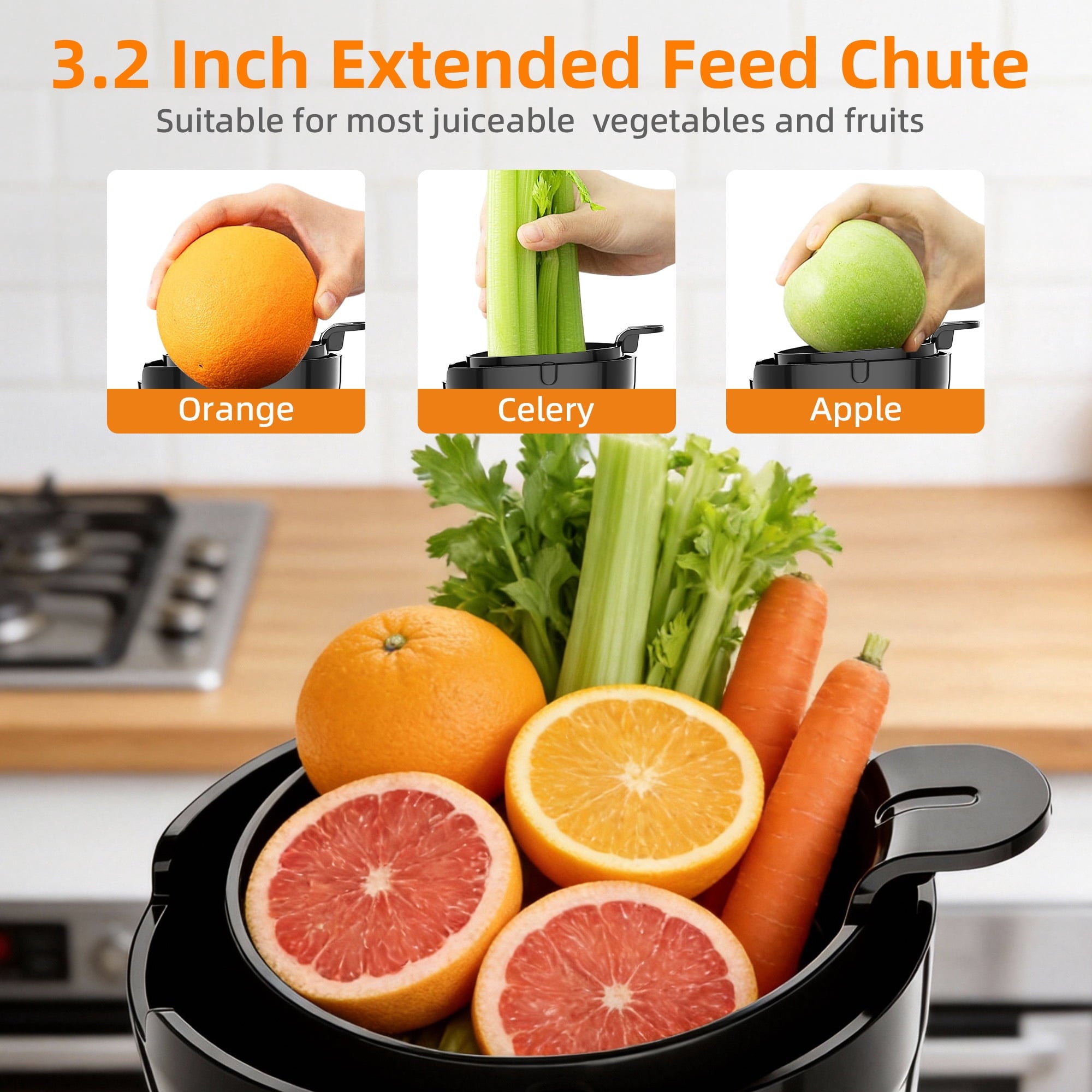 Fenbeli Juicer Machine,Cold Press Juicer with Wide Mouth 3.2 inch Feed Chute for Fruit Vegetable, Easy to Clean