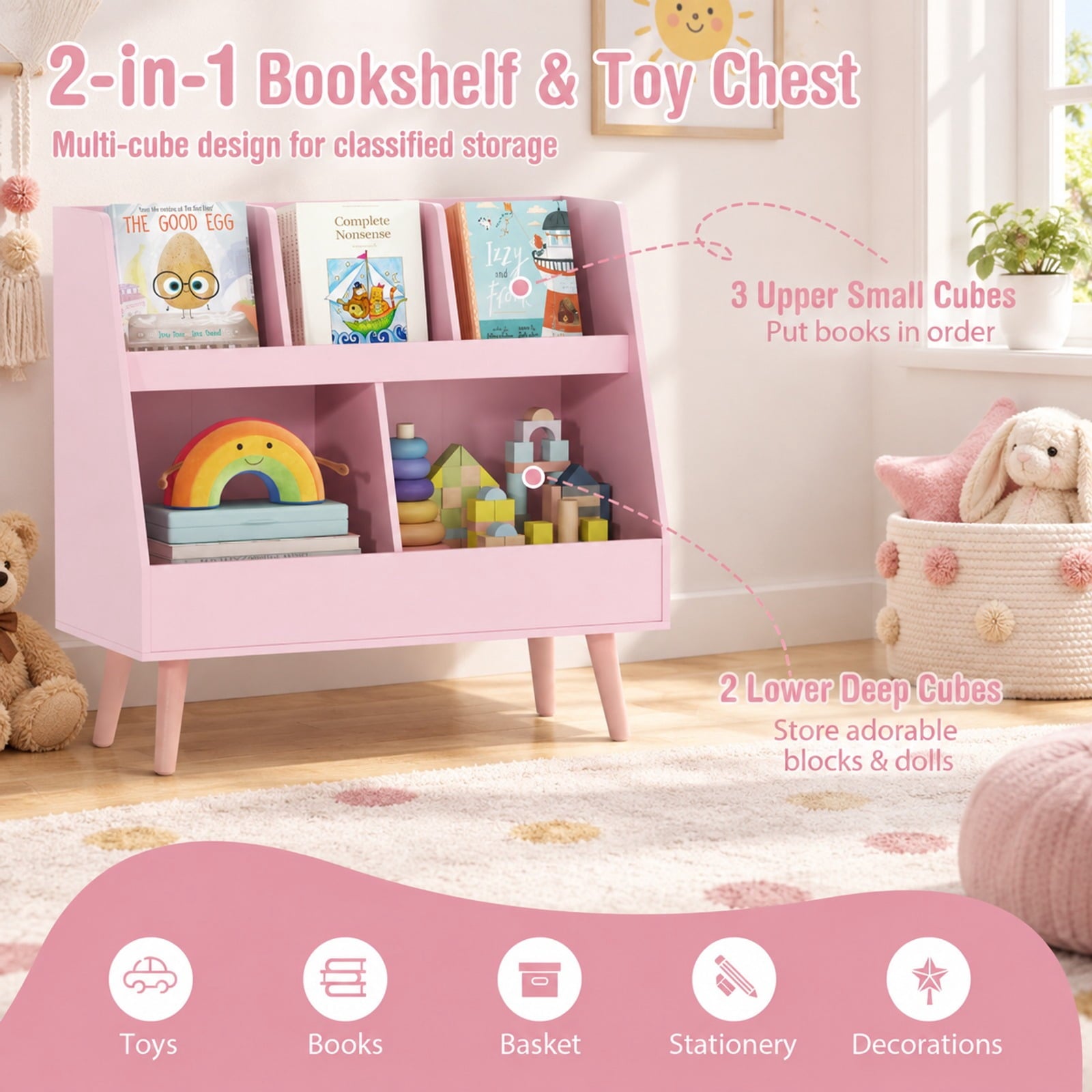 Fenbeli 5-Cube Kids Bookshelf and Toy Organizer with Anti-Tipping Kits, 68 lbs Capacity, MDF Solid Wood Frame, Pink