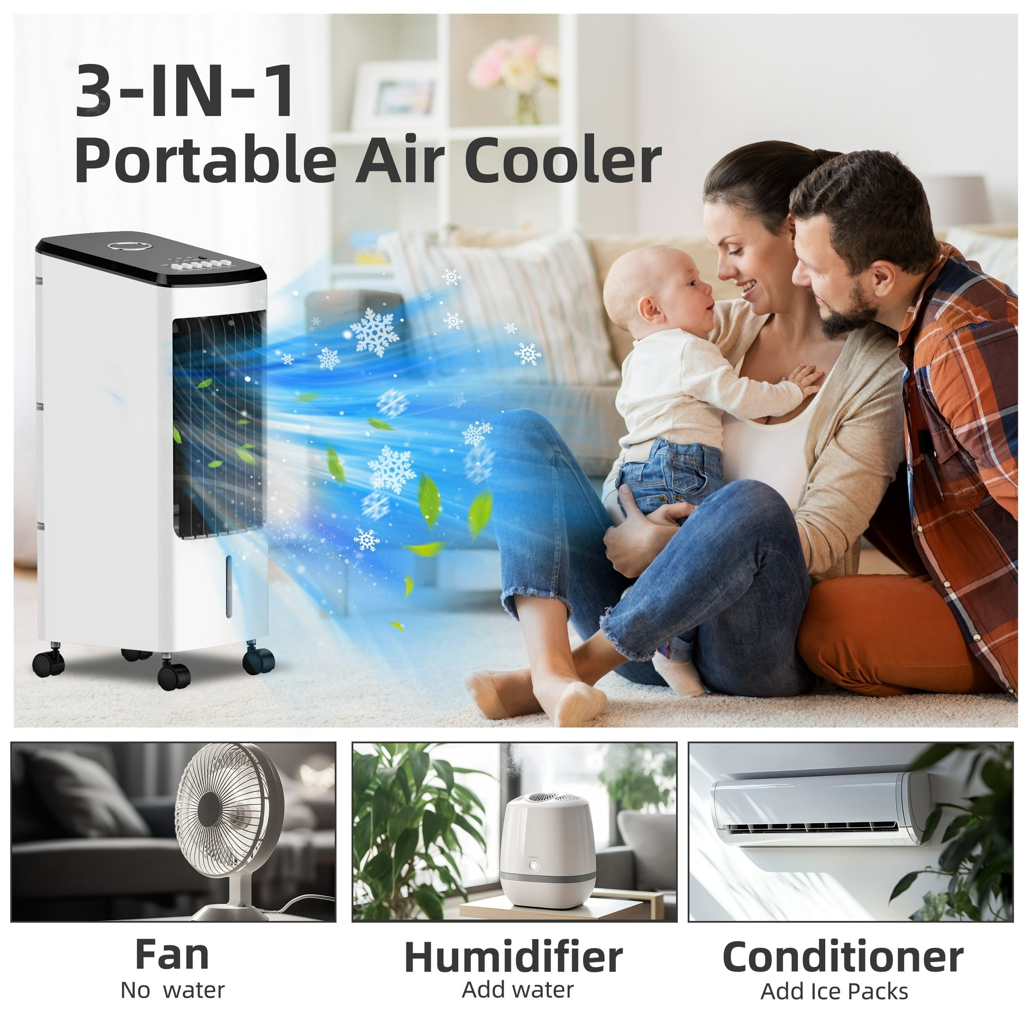 3-in-1 Evaporative Air Cooler Portable Cooling Fan with Wheels for Home Office