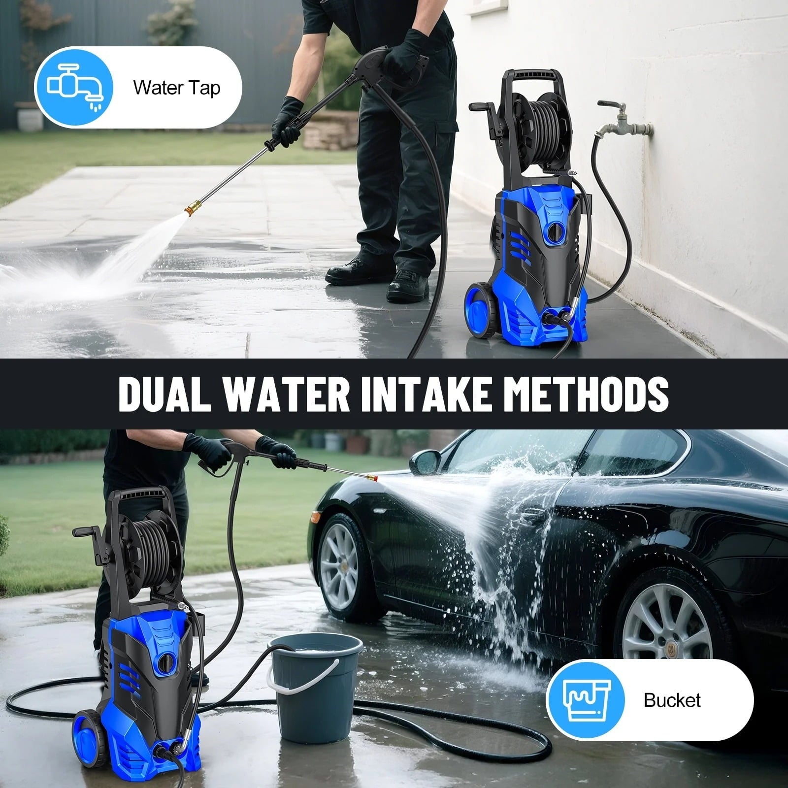 Electric Pressure Washer, 3800PSI 2.6 GPM Power Washer Machine with Hose Reel,4 Quick Connect Nozzles, Foam Cannon, for Cars, Patios, and Floor Cleaning,Blue
