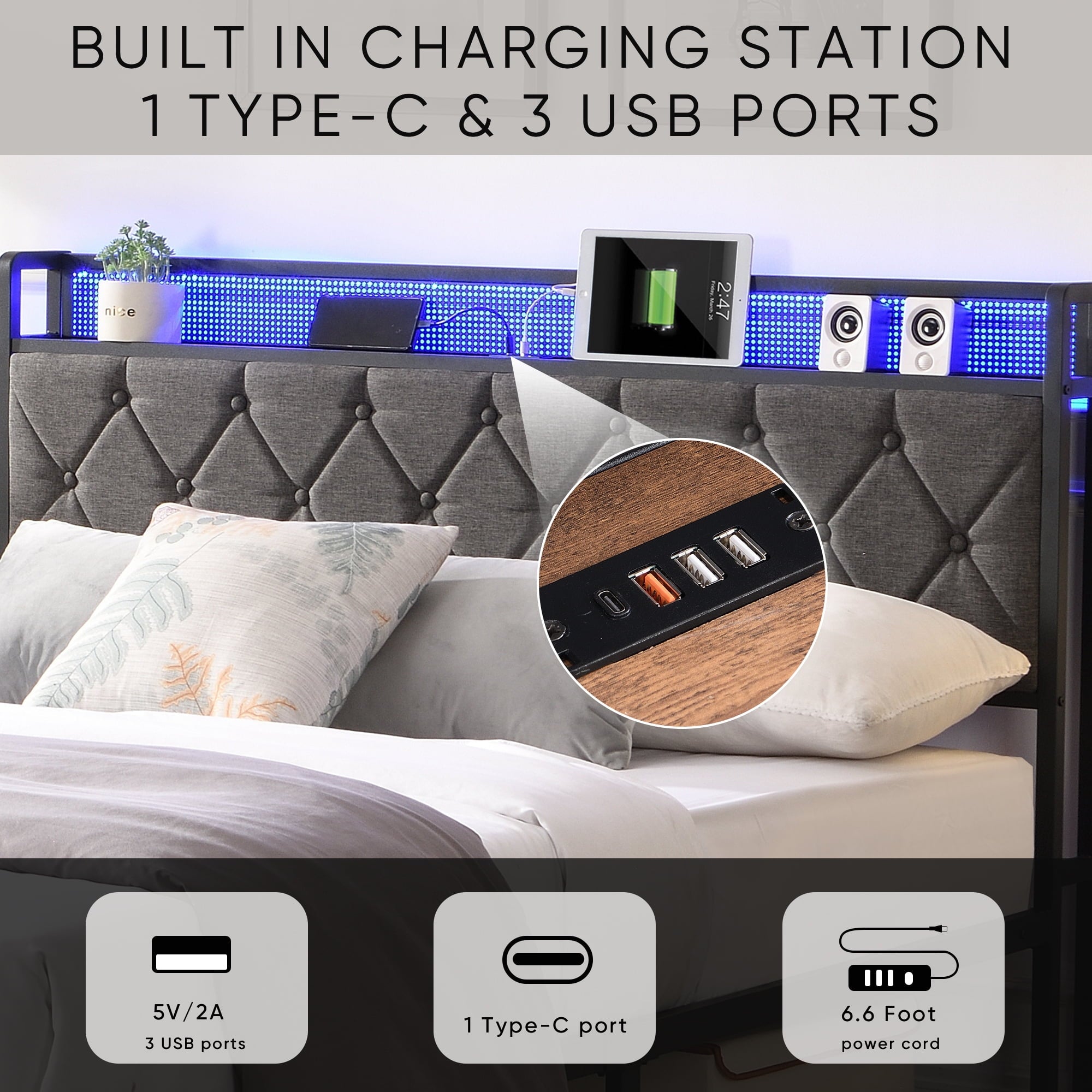 Furnibear Queen Bed Frame with RGB LED Lights, Charging Station And Storage Headboard | Reinforced Platform | Easy Assembly, Dark Gray