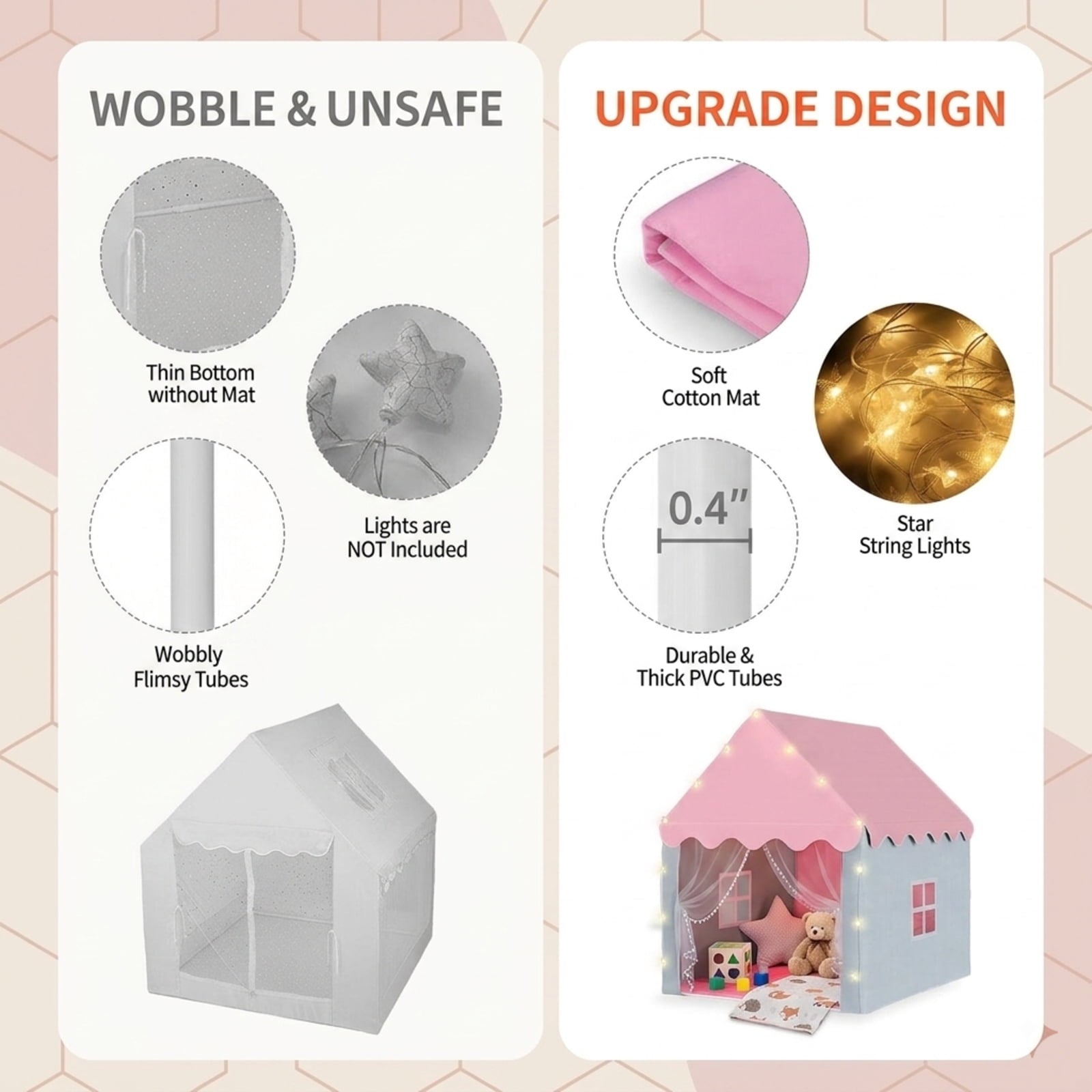 Fenbeli 2-in-1 Kids Play Tent with Padded Mat and Star Lights, Indoor Outdoor Playhouse with Windows, Pink and Gray