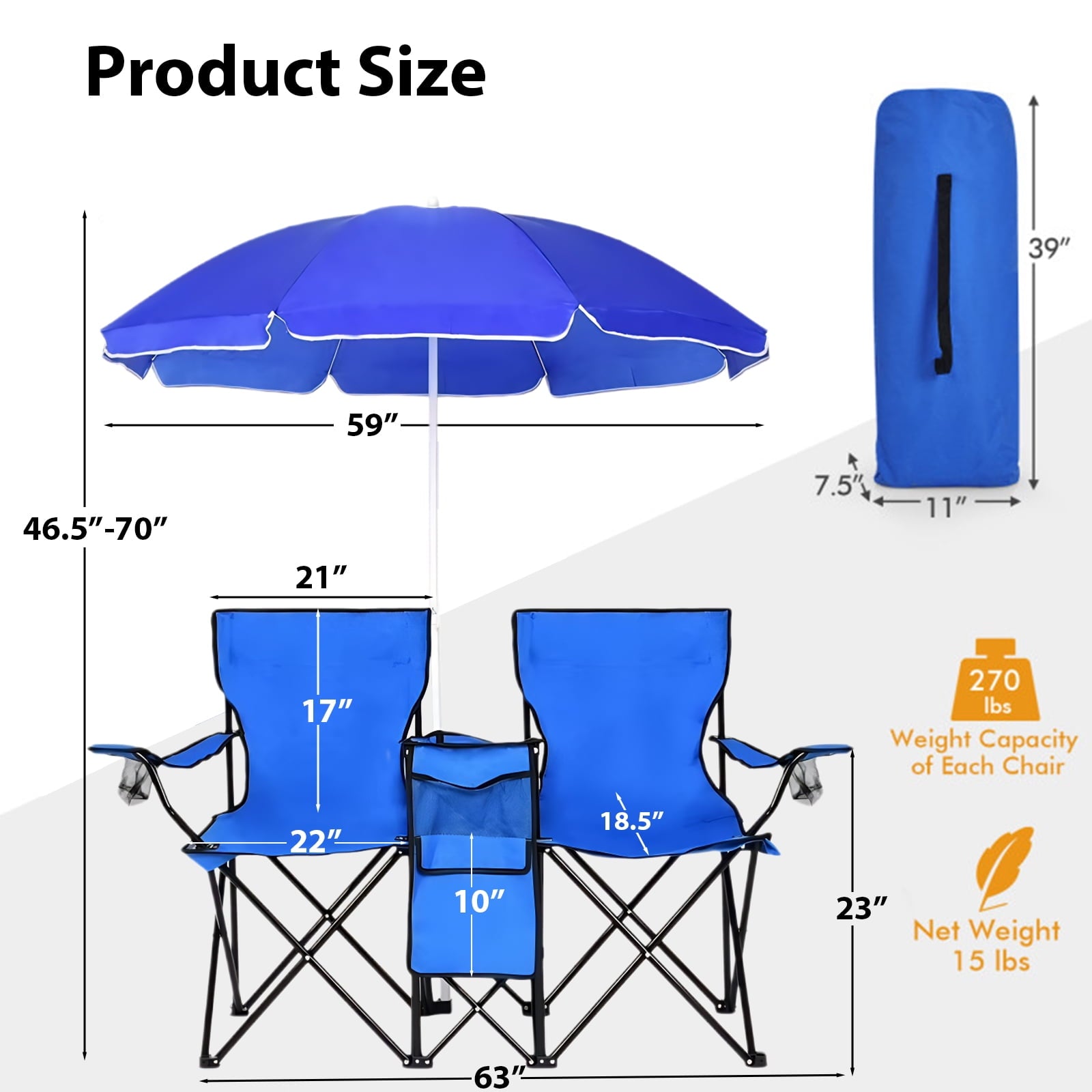 Fenbeli Portable Folding Picnic Double Chair With Removable Umbrella, Blue