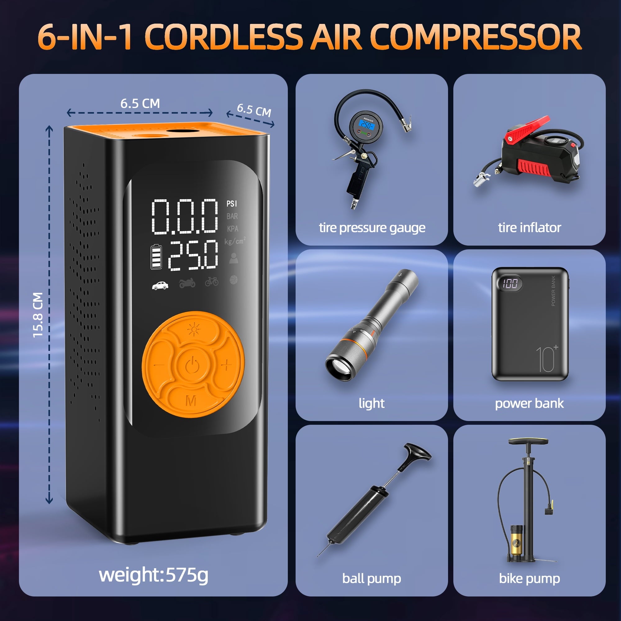 Fenbeli Portable Tire Inflator, 150PSI Cordless Air Compressor with 6000mAh Battery and DC 12V Dual Power, Digital Pressure Gauge, LED Light and Power Bank, Air Pump for Car Bike Motorcycle Ball, Black