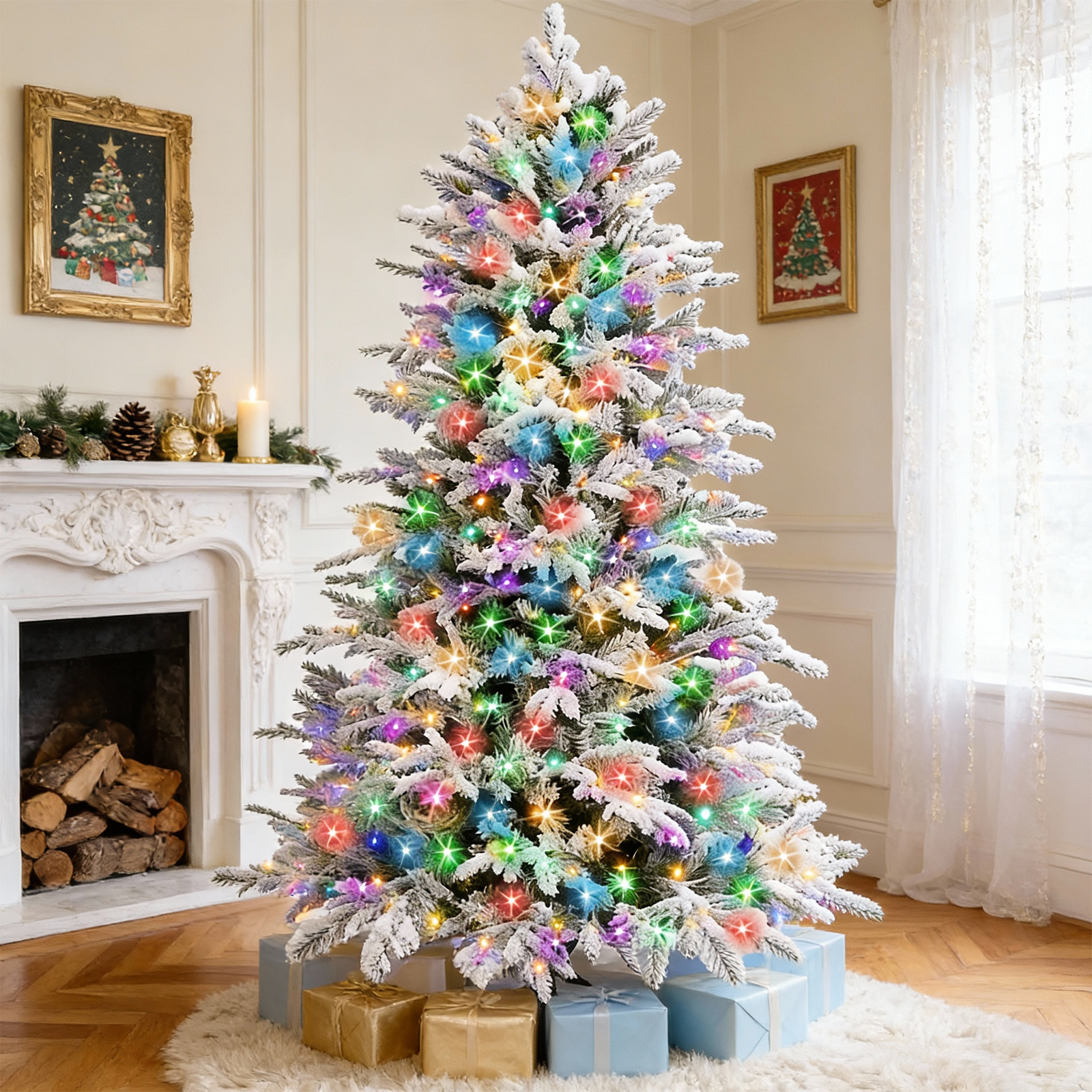 Fenbeli 6ft Prelit Christmas Tree with Lights Artificial Christmas Tree with Colorful LED Lights Hinged Branches Metal Stand