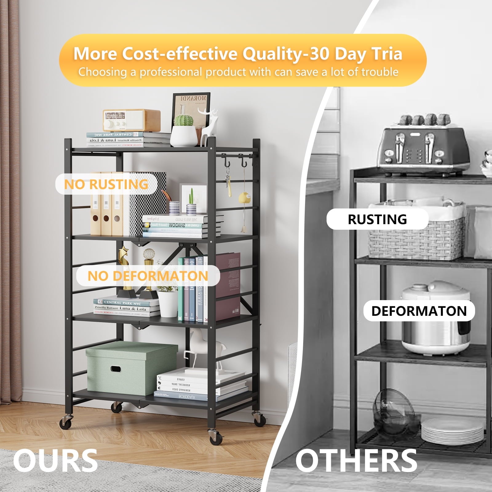 Fenbeli Storage Shelves,4-Tier Foldable Metal Wire Storage Shelf with Wheels, Heavy Duty Organizer Rack for Garage, Kitchen, Closet, Black