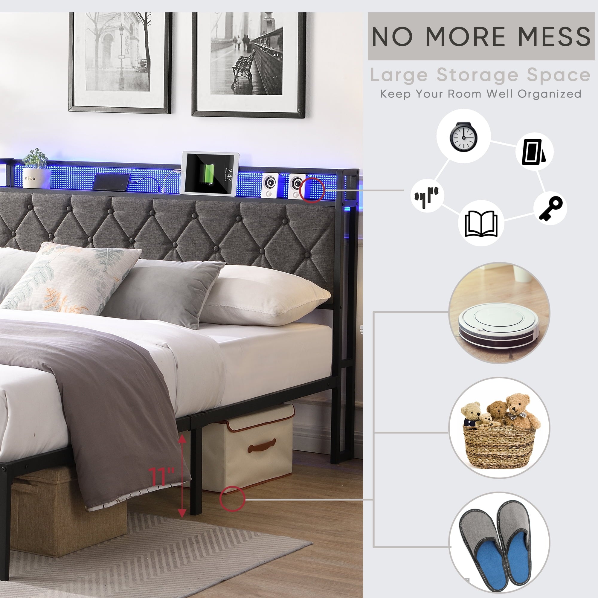 Furnibear Queen Bed Frame with RGB LED Lights, Charging Station And Storage Headboard | Reinforced Platform | Easy Assembly, Dark Gray