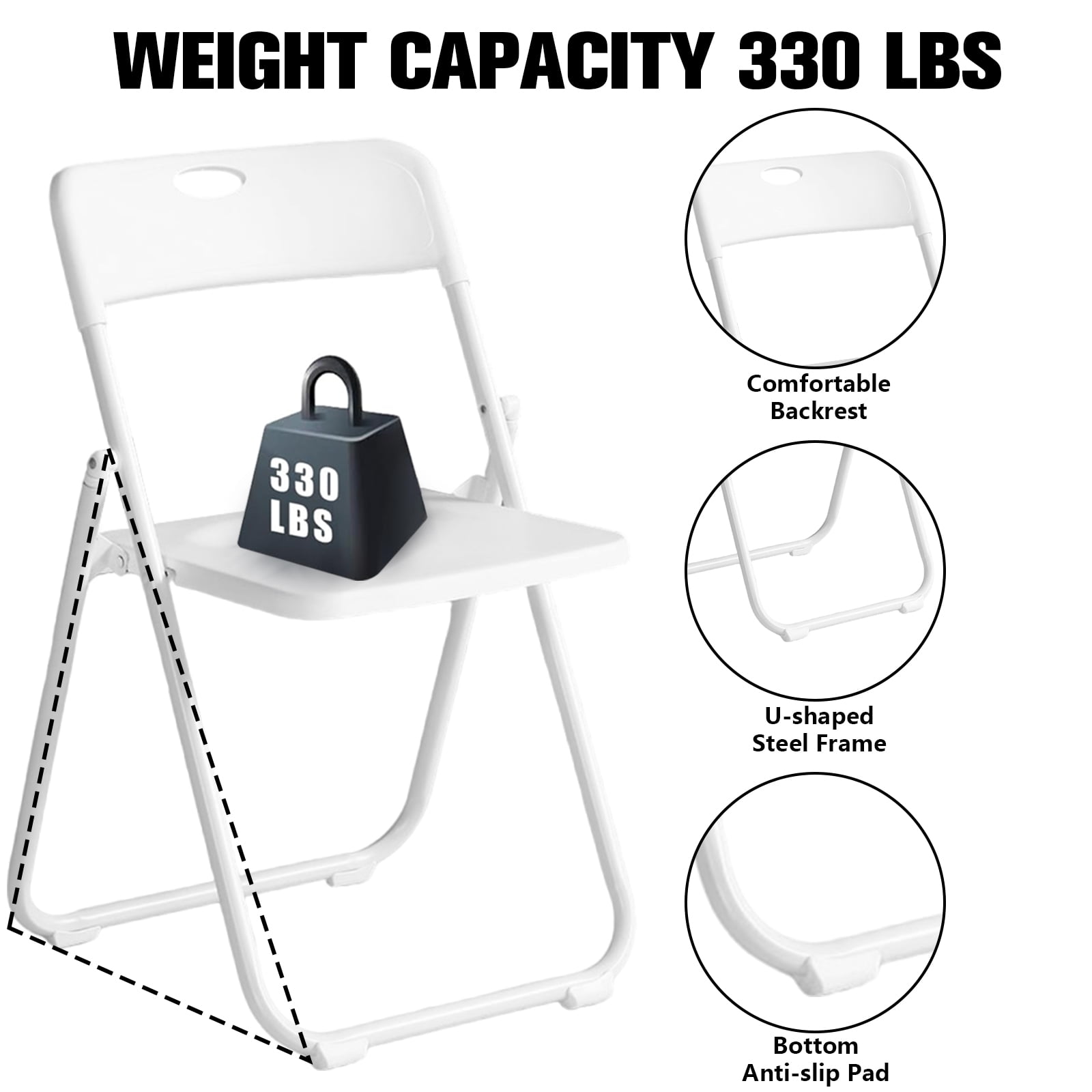 Harigal White Plastic Folding Chairs 6 Pack, Foldable Stacking Chairs for Outdoor & Indoor, Reinforced Metal Frame, 330LBS Capacity