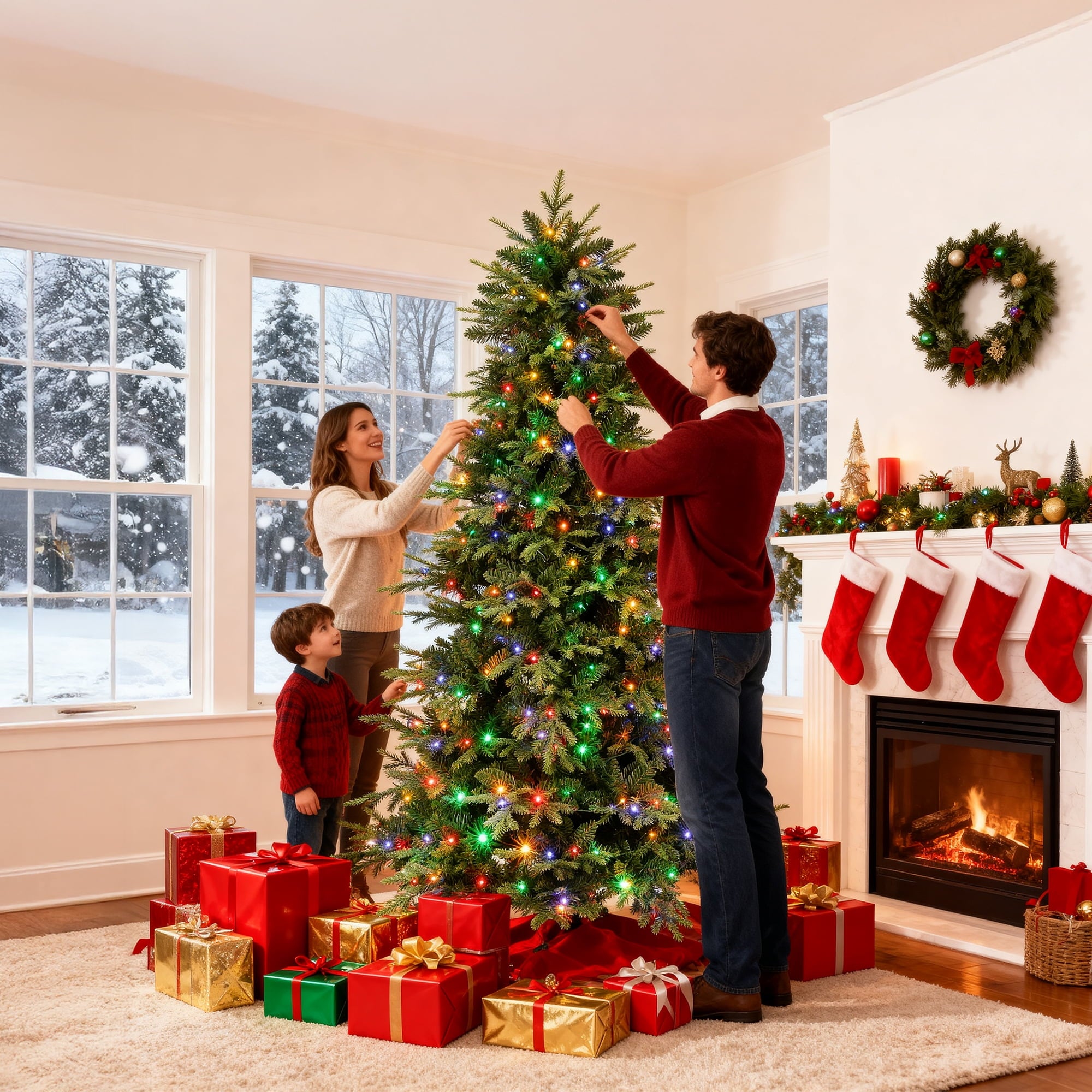 Fenbeli 6ft Pre-Lit Artificial Fir Christmas Tree, 1,350 PE/PVC Branch Tips, 300 Lights with Remote Control and 11 Modes, Green