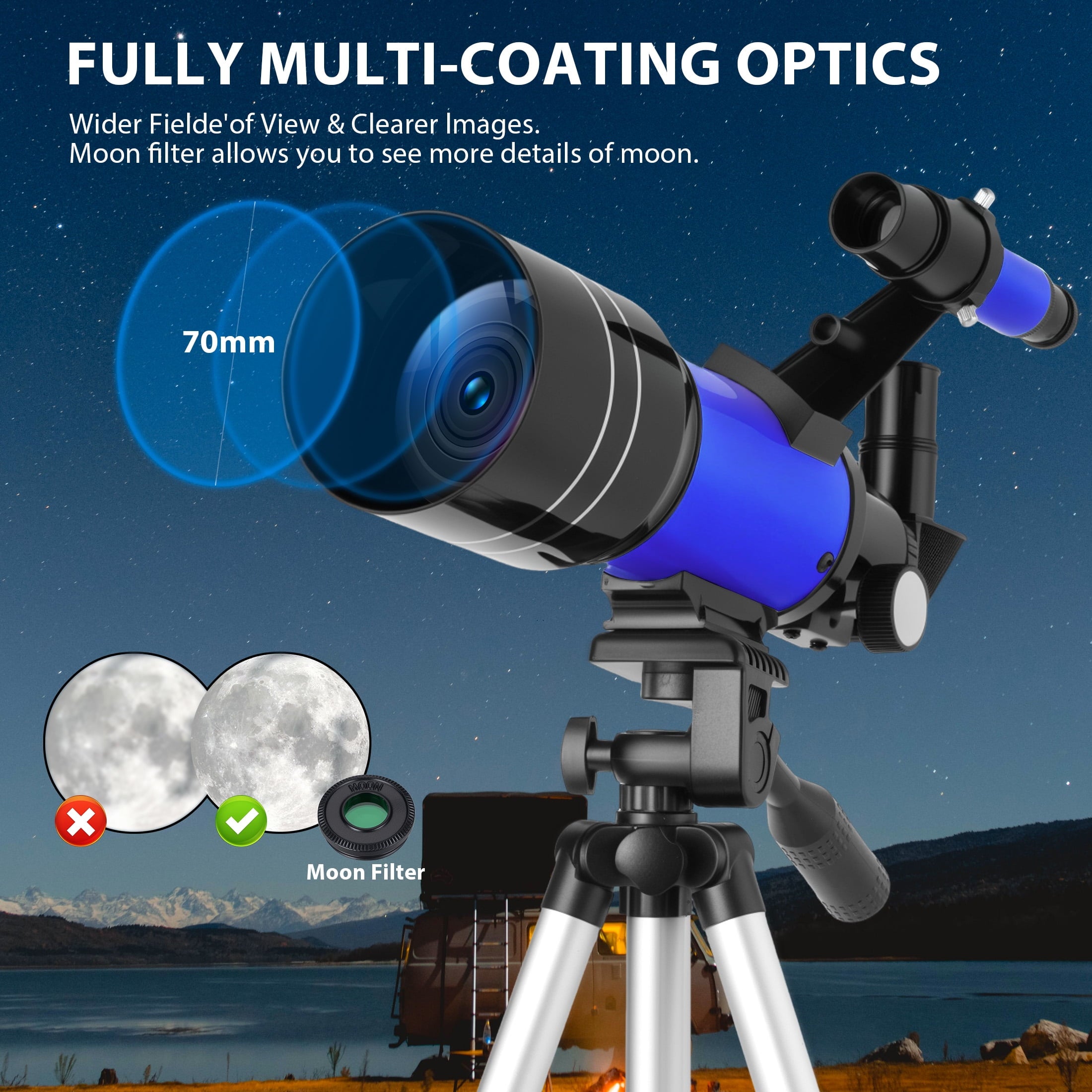 Furnibear Telescope for Kids and Adults 70mm Aperture High Powered Refractor Astronomy Telescope with Tripod and Phone Adapter,Blue