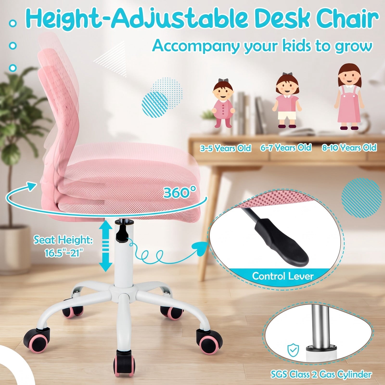 Fenbeli Ergonomic Children Study Chair with Adjustable Height, 250 lbs Capacity, Sponge Mesh Metal Frame, 19.5 x 19.5 x 29.5-34 Footprint
