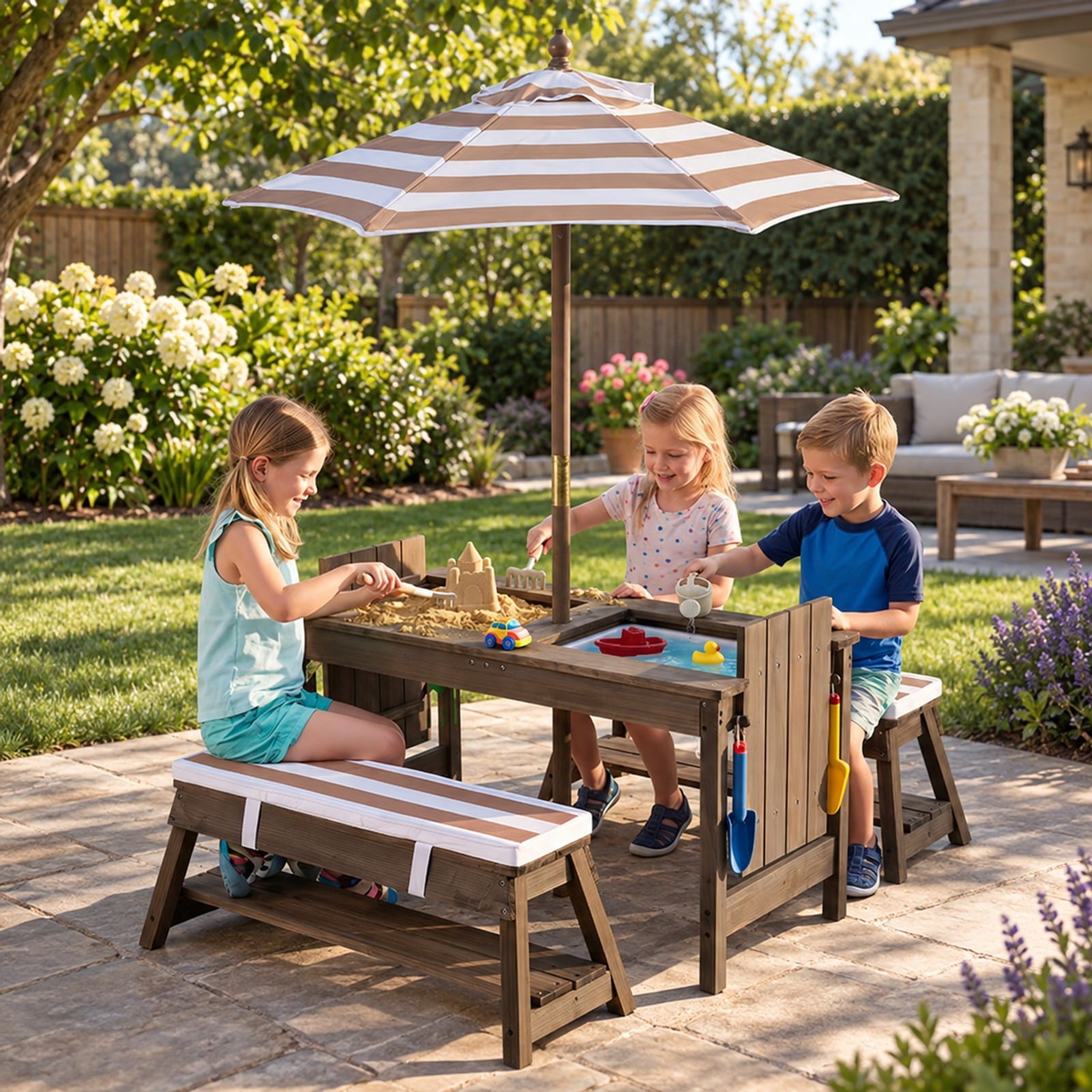 Fenbeli Outdoor Kids Wooden Picnic Table and Benches Set with Umbrella, 110 lbs Capacity, Fir Wood Nylon Fabric Sponge PP Frame, for 3+ Years Old