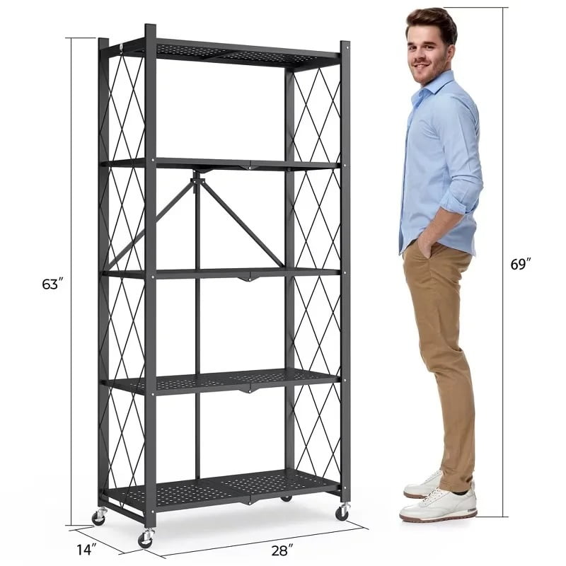 Fenbeli Foldable 5-Tier Storage Shelf with Wheels Metal Rack Collapsible Shelving Unit Display, Rolling Cartfor Garage, Pantry, Office ,Black